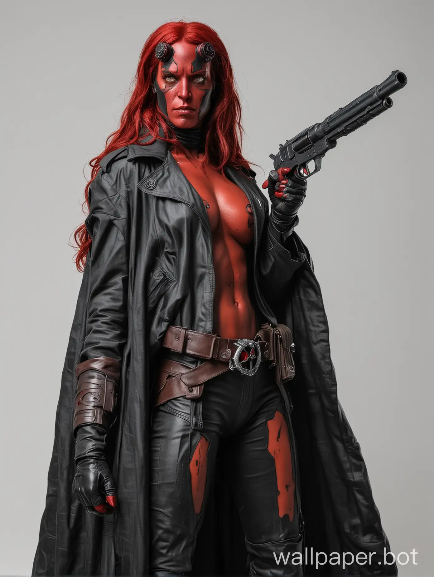 female hellboy, cloak, red skin, white background, gun to the head 