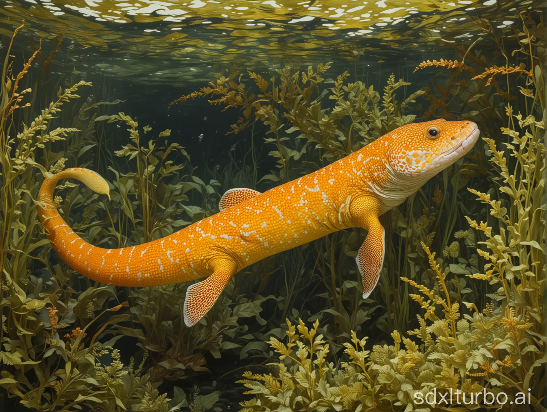 A full body shot of swimming spotted chromatic orange-yellow Moray, view from inside a river full of aquatic plants, in the style of a painting by Leyendecker
