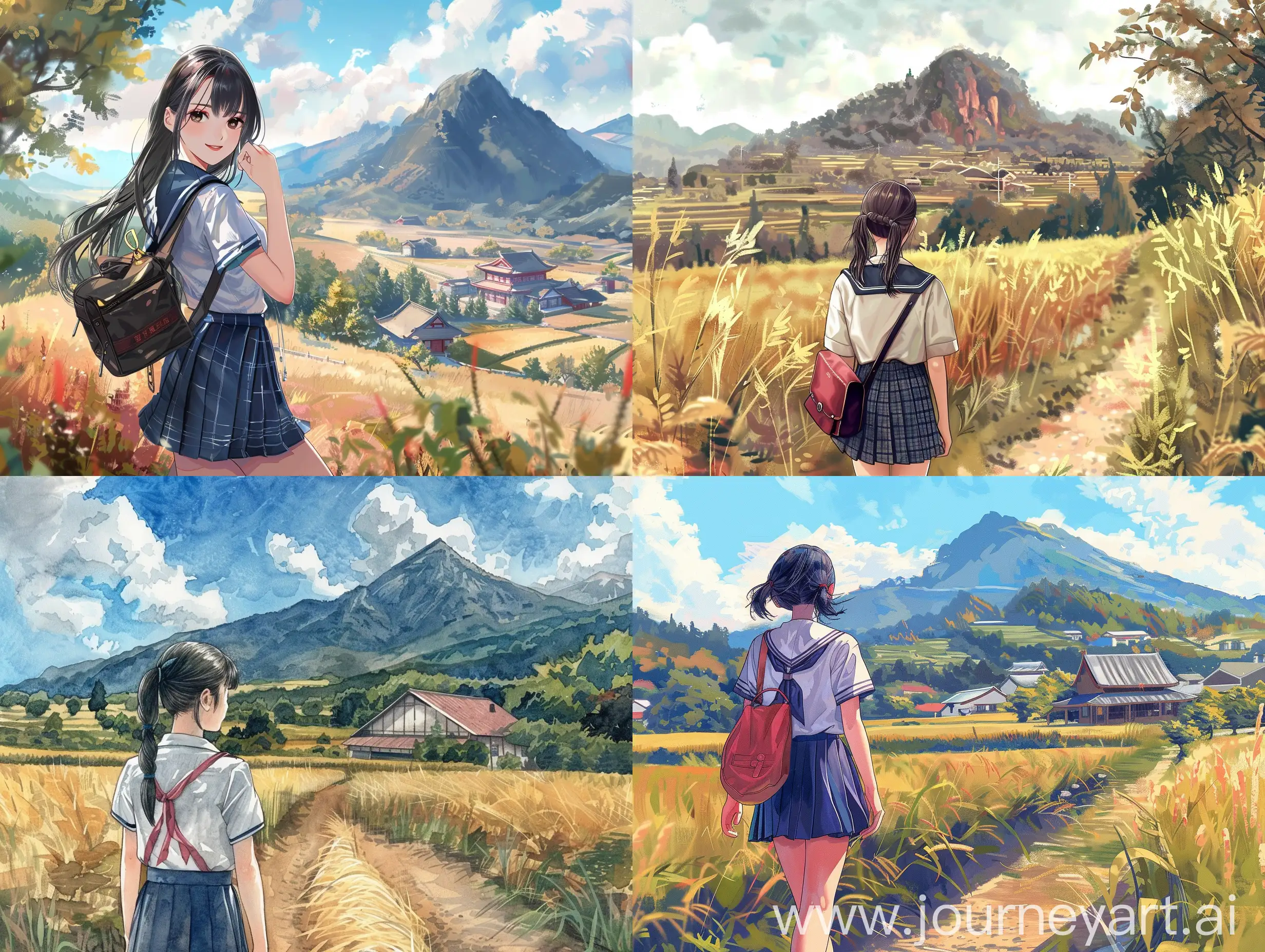 Draw a Chinese girl in a high school student's uniform in a beautiful rural field with her back to a mountain