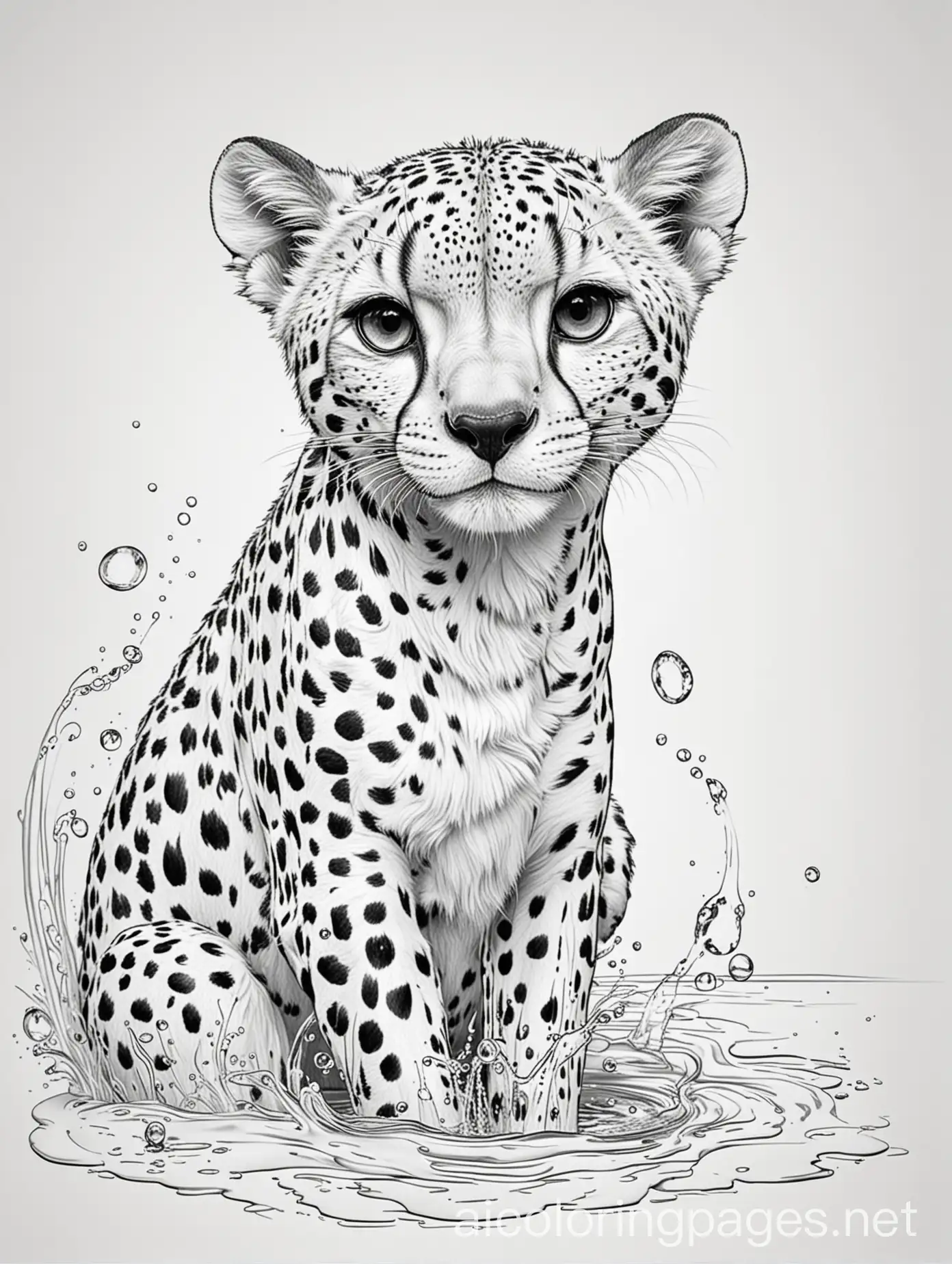 Cheerful-Cheetah-Drinking-Water-Monochrome-Coloring-Page-for-Kids