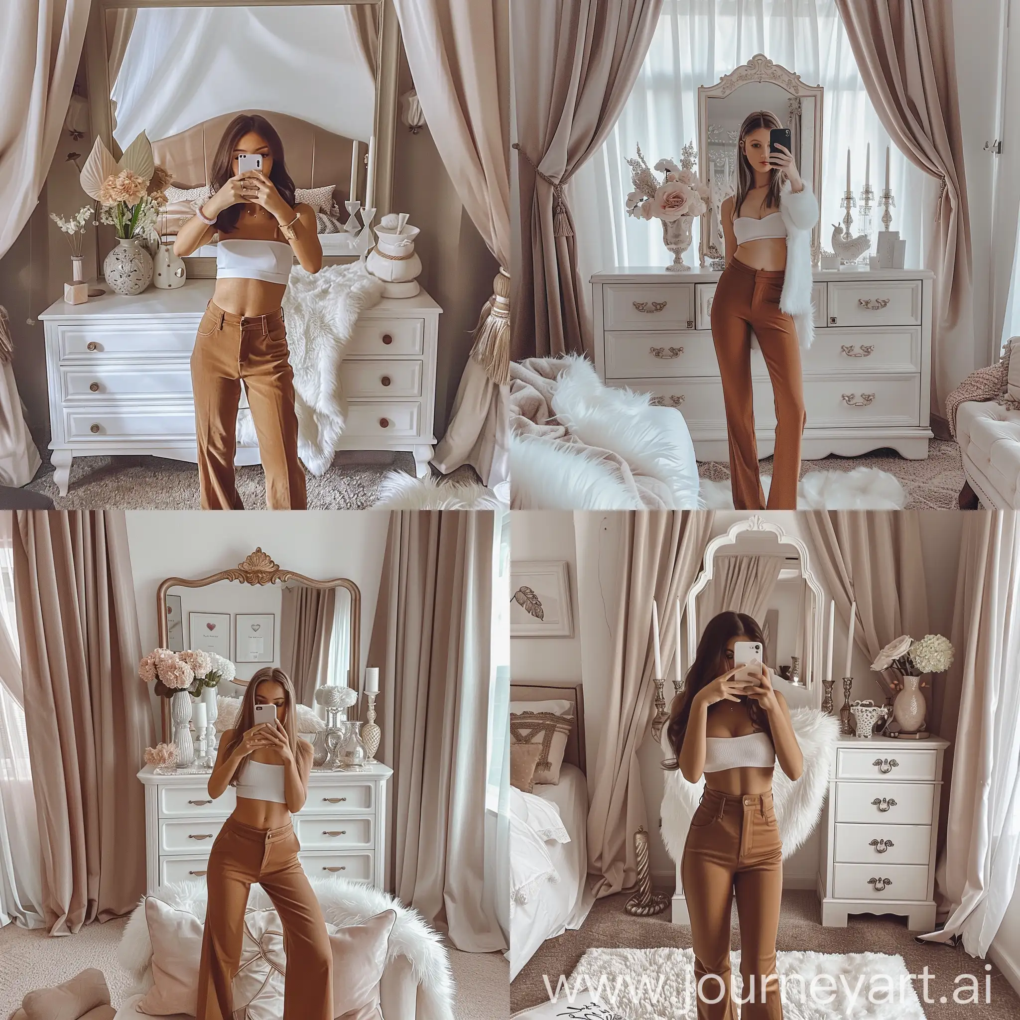 A girl in a stylishly decorated room poses in front of a mirror and takes a selfie. He's wearing a chic outfit: high-waisted caramel trousers and a tight white strapless top. The room is decorated with an elegant white chest of drawers with decorative items such as a vase of pale pink flowers and a pair of elegant candlesticks with white candles. Behind the figure is a cozy bed with decorative pillows, and a bold white fur blanket is casually draped over it, giving the room a sense of sophistication and coziness. The curtains are opened to let in natural light, making the room feel bright and airy.
