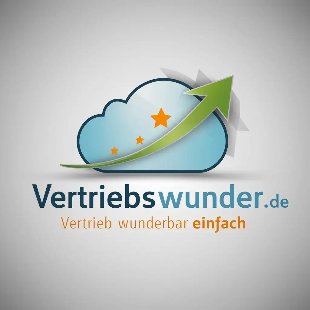 a logo design,with the text "Vertriebswunder.de", main symbol:Logo design, with the text: 'VertriebsWunder.de', main symbol: A light blue cloud with an upward pointing arrow in fresh green. Here, the 3 stars symbolize the 'wonder'. Below the name 'VertriebsWunder.de' in dark blue. Below the slogan in orange in German, do not translate: 'Vertrieb wunderbar einfach' To be used in the Marketing industry, clear background.,Moderate,be used in Internet industry,clear background