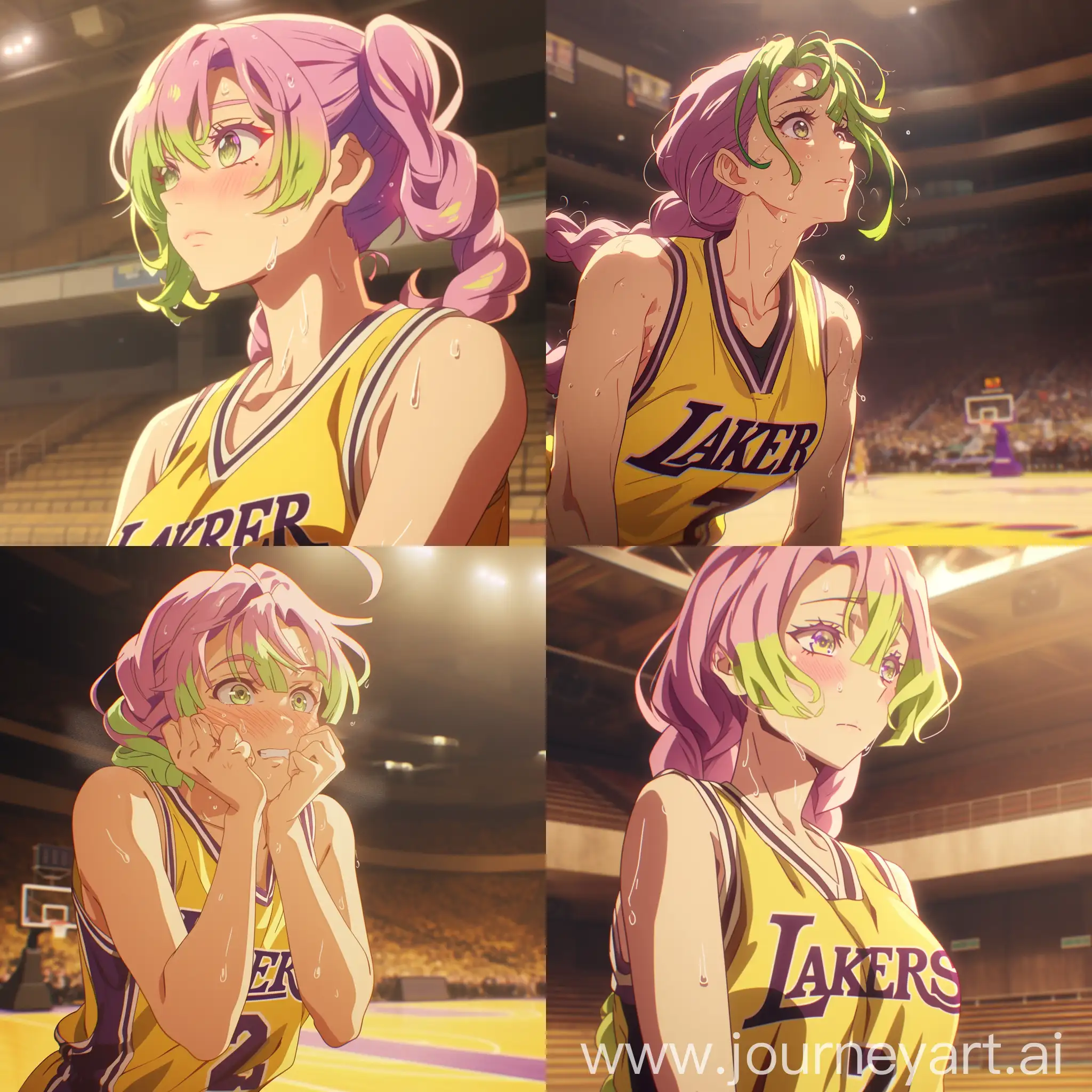 photo screenshot from anime, Mitsuri Kanroji from demon slayar anime, yellow basketball uniform "LAKERS", sweat, basketball court --niji 6