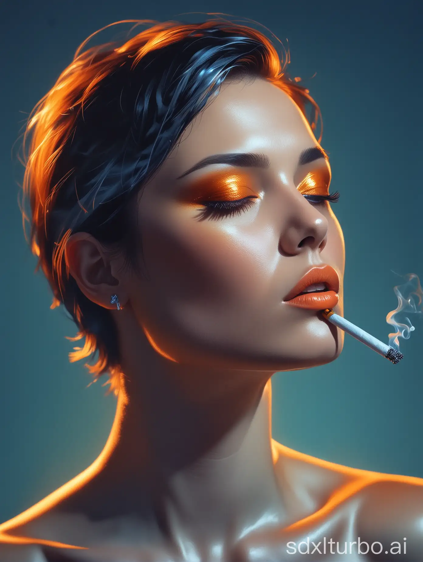 
portrait of a chrome womans head, smoking a cigarette, blue background, orange reflections, in the style of soryama,
p