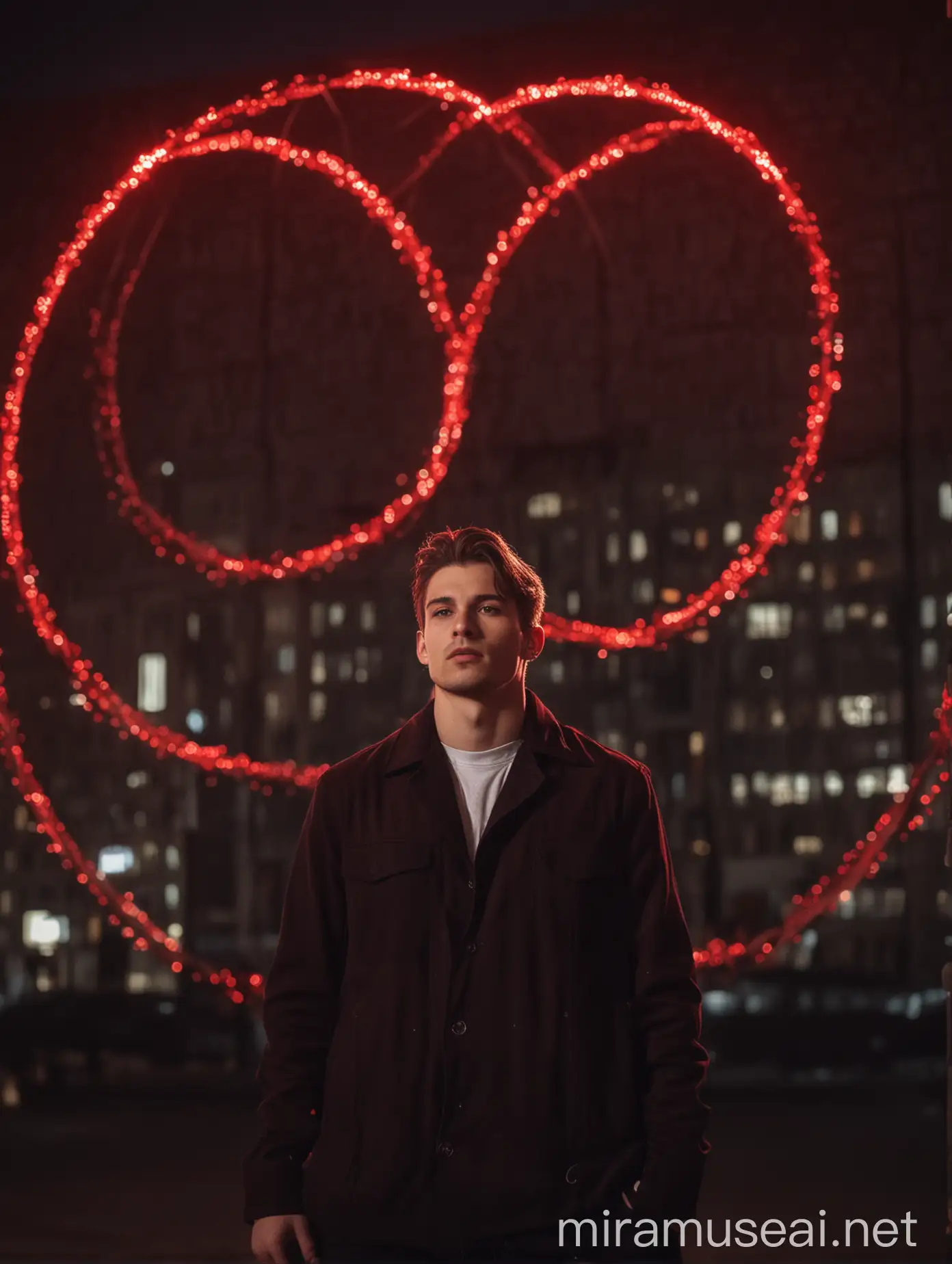A handsome young man surrounded by red glowing luminous ring lights in the dark night, with a building behind him