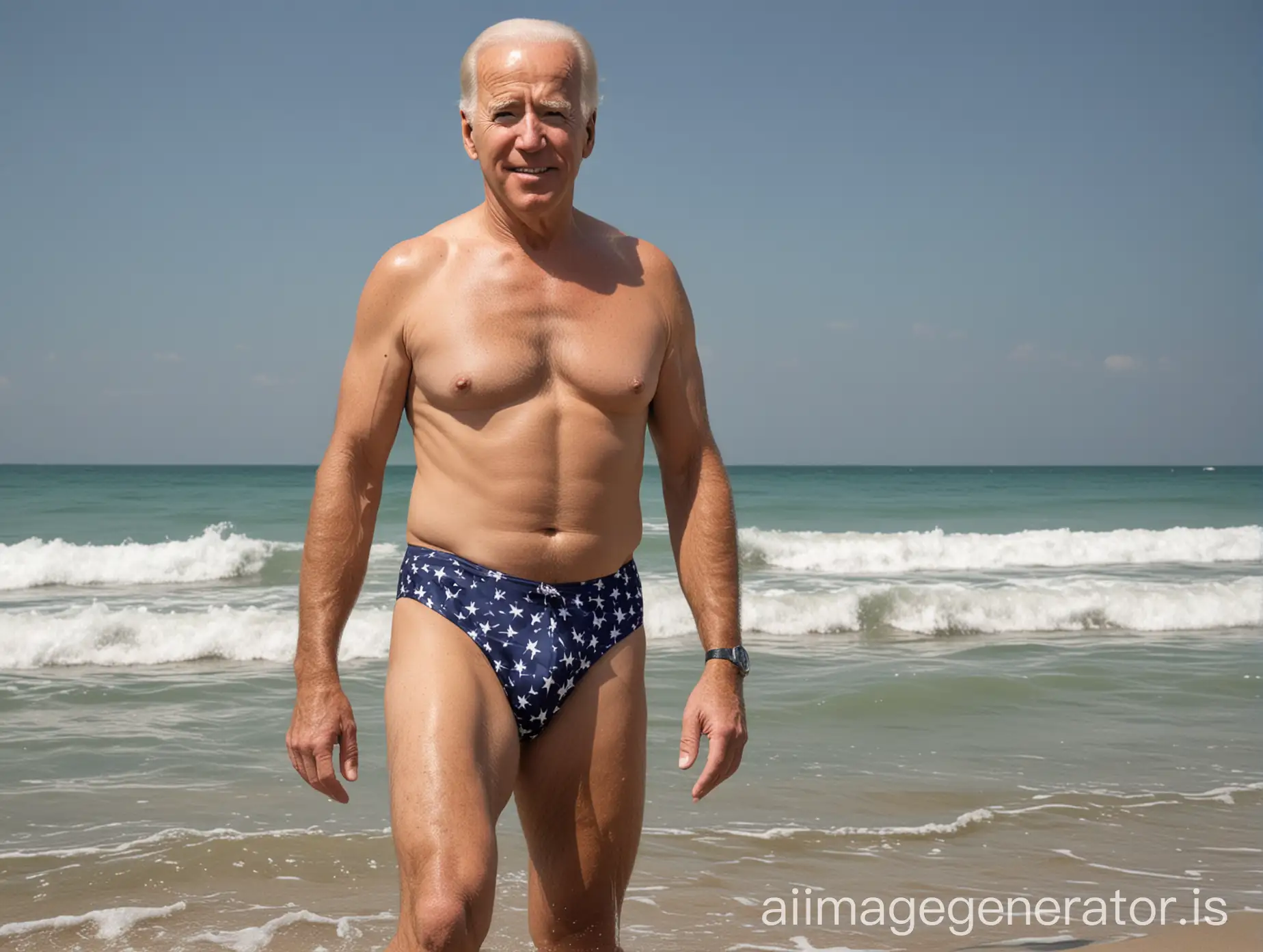 Create an image of President Joe Biden in swimsuit alone