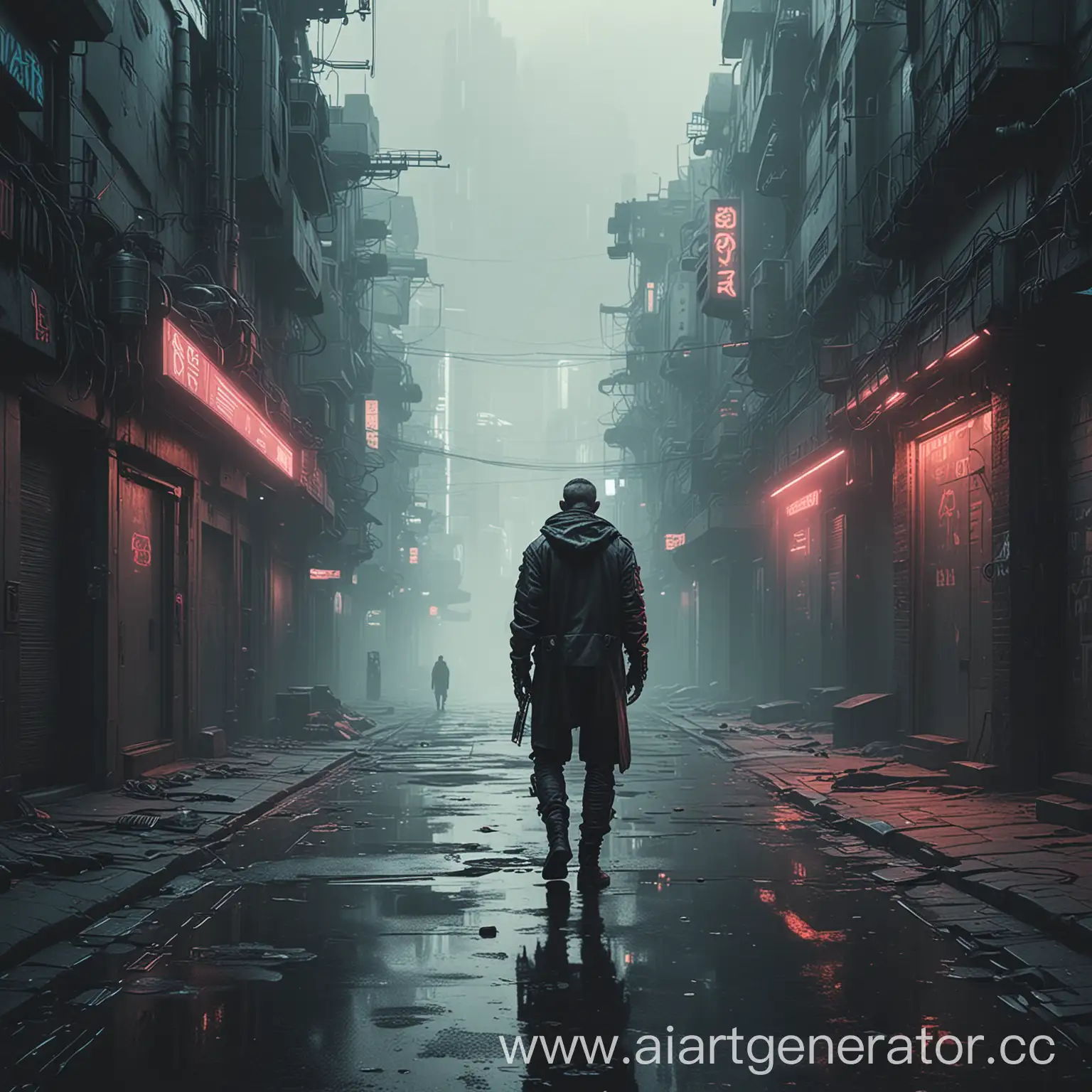 Cyberpunk lonely man walk through street, minimalistic