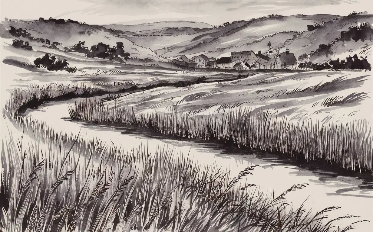 Black and white ink rural landscape painting