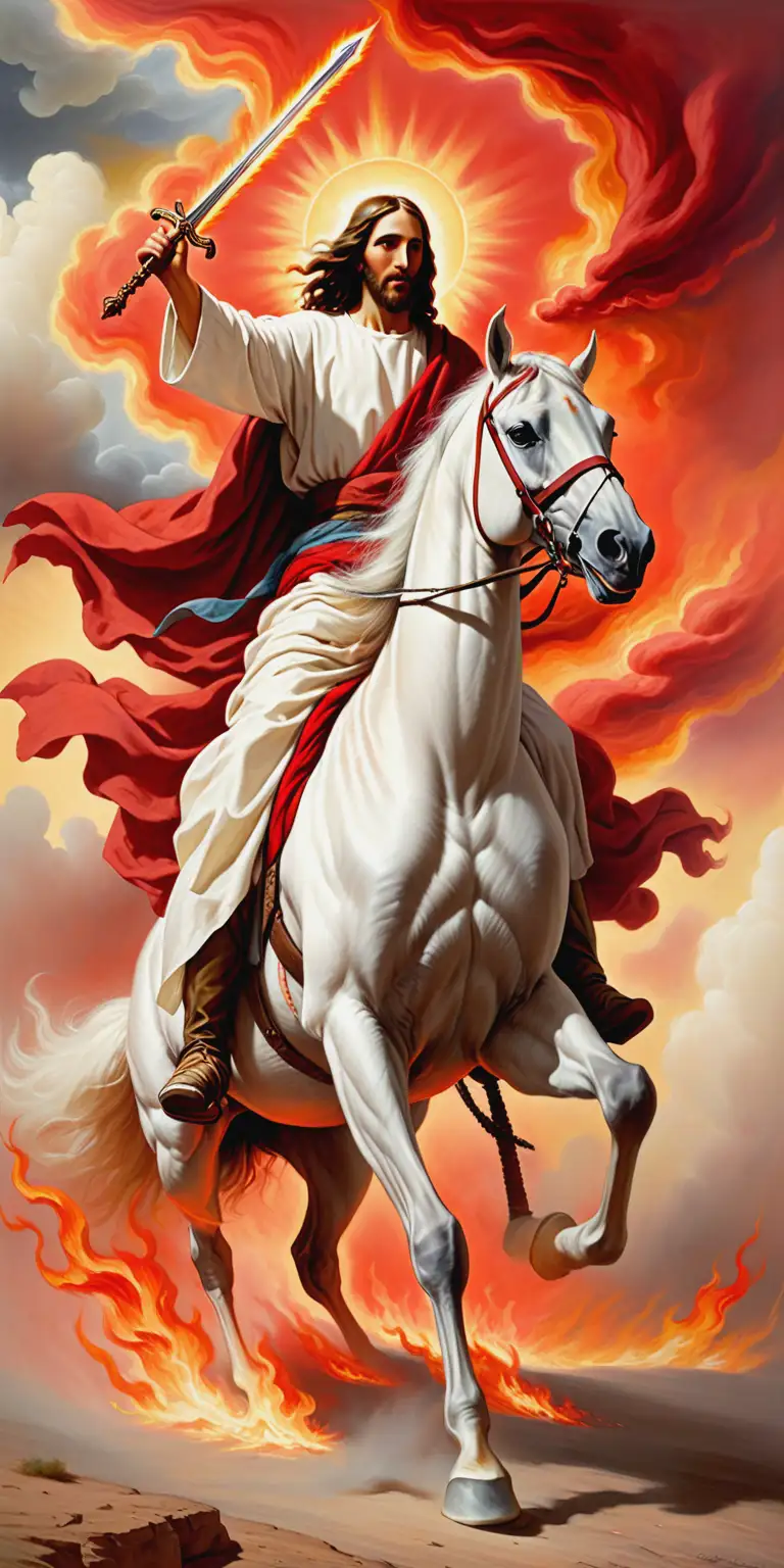 painting of Jesus riding a white Arabian horse with a blazing sword in his hands, and a garment dipped in red, coming in flaming clouds
