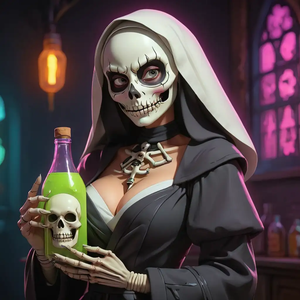 мультяшная красивая сексуальная женщина в маске скелета монашка с большой грудью  на фоне неона держит в руках бутылку 