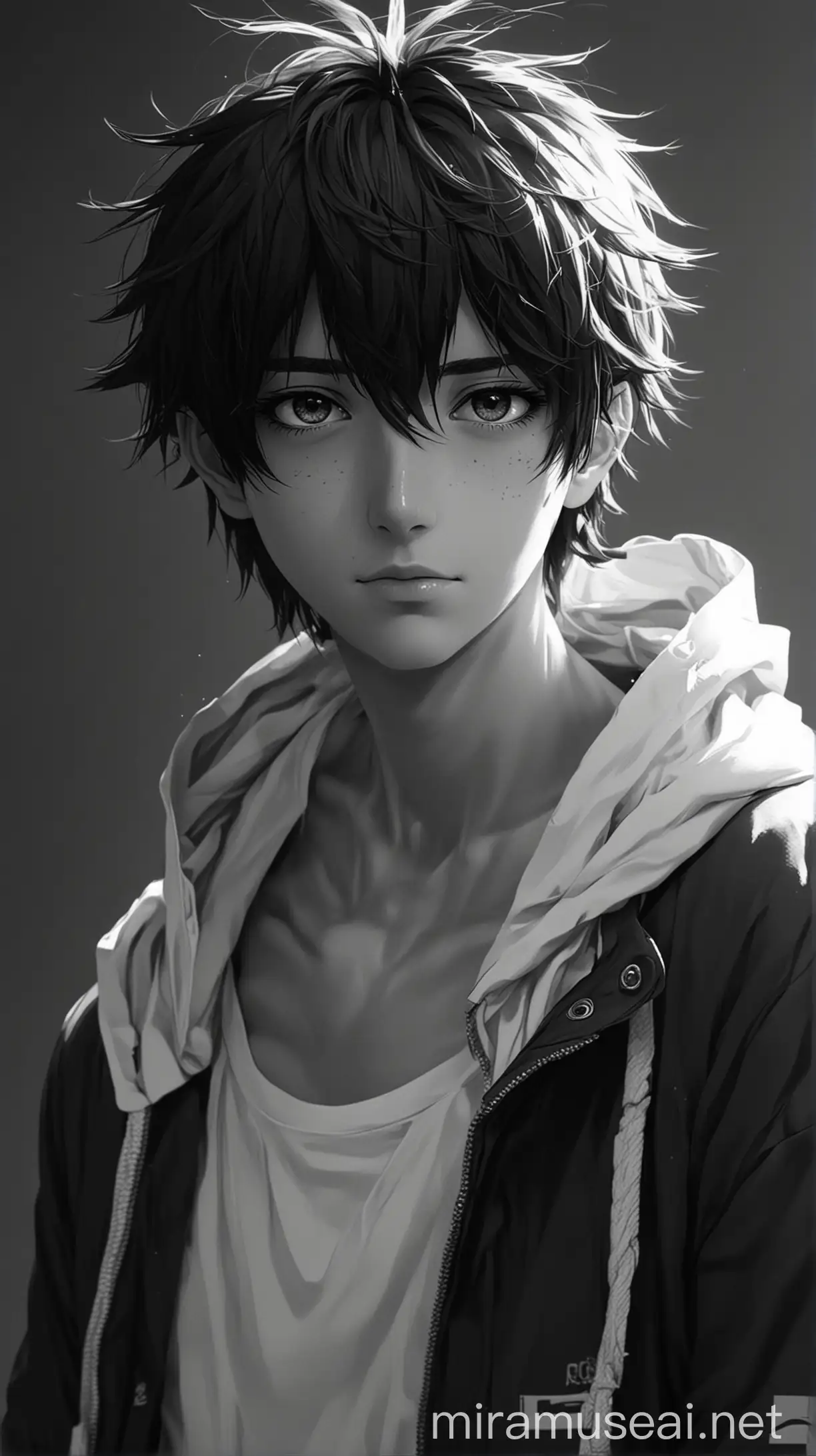 anime boy black white digital art