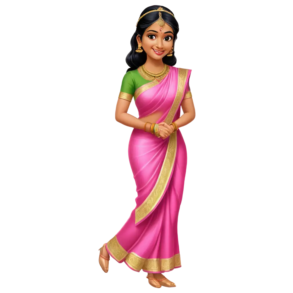 caricature disney tamil bride with pink saree make her facing the front. keep the mouth closed