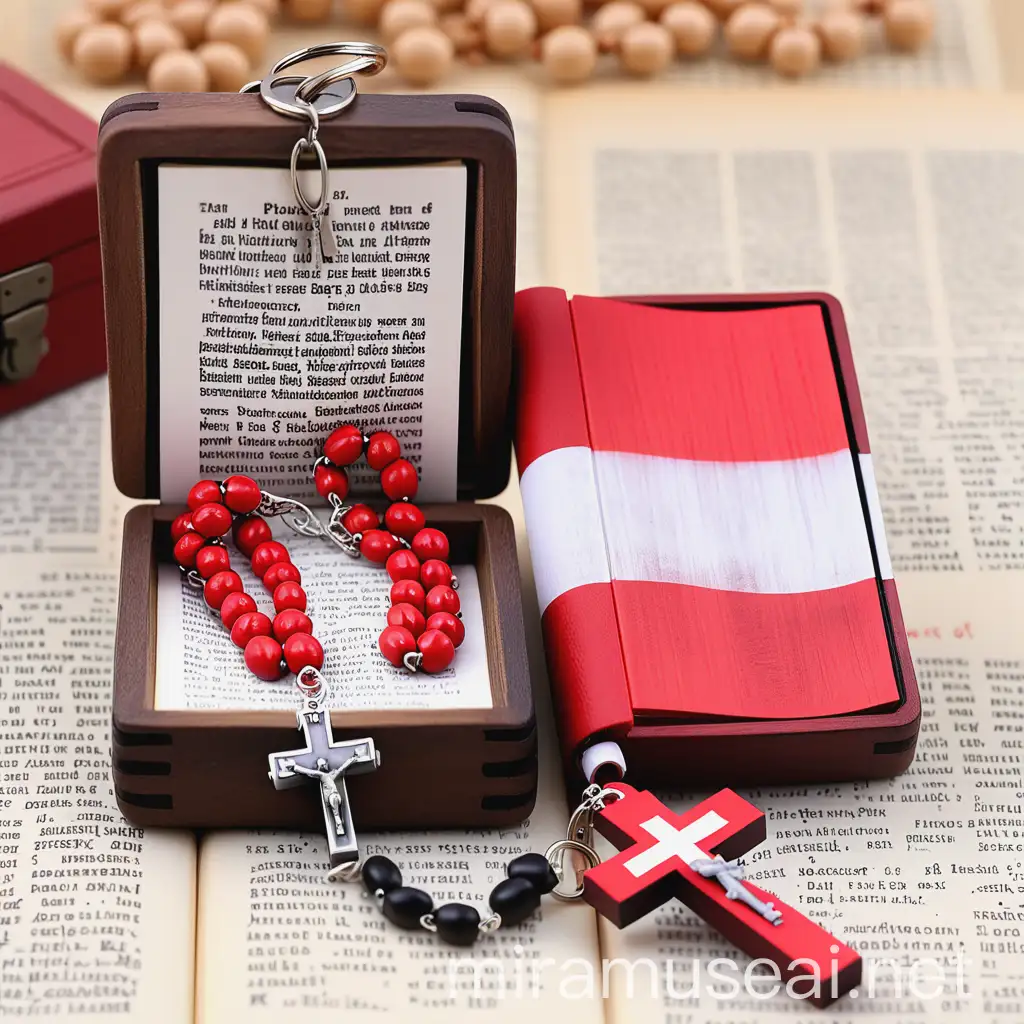 Religious Wooden Box with Mini Rosary and Polish Flag Keychain