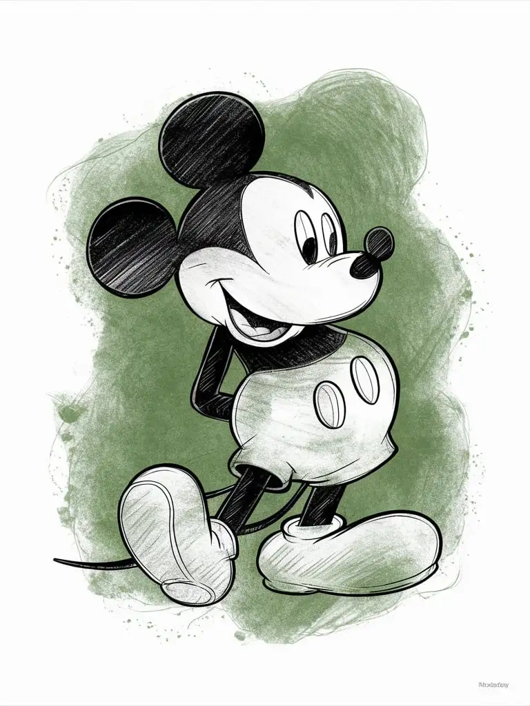 coloring page, pencil drawing, watercolor, monochrome green, Mickey Mouse, white background