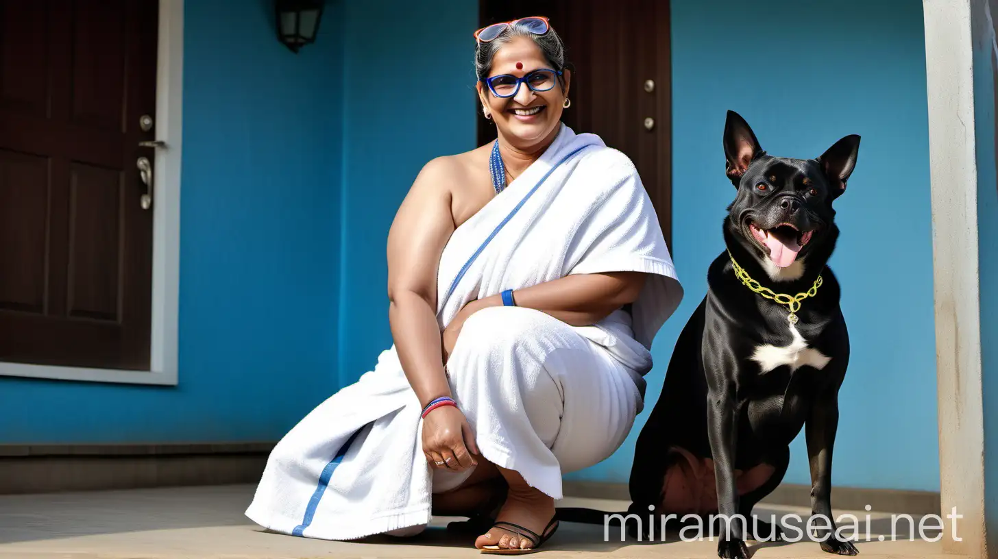  a mature fat curvy indian  woman with 49 years old age wearing a Prescription Eyeglasses on face and dog chain and belt around her  neck  with curvy body wearing a neon white wet bath towel and a blue denim hot pant with full make up ,bun  hair style,   , doing  squats wearing high heels on feet, near a luxurious farm house court yard , she is happy and smiling, a black dog is near her ,its evening time a lots of lights are there
