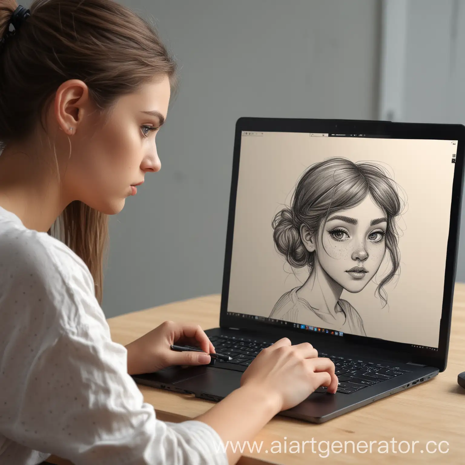 нарисуй девушку которая рисует на планшете и занимается графическим дизайном на ноутбуке со спины реалистично