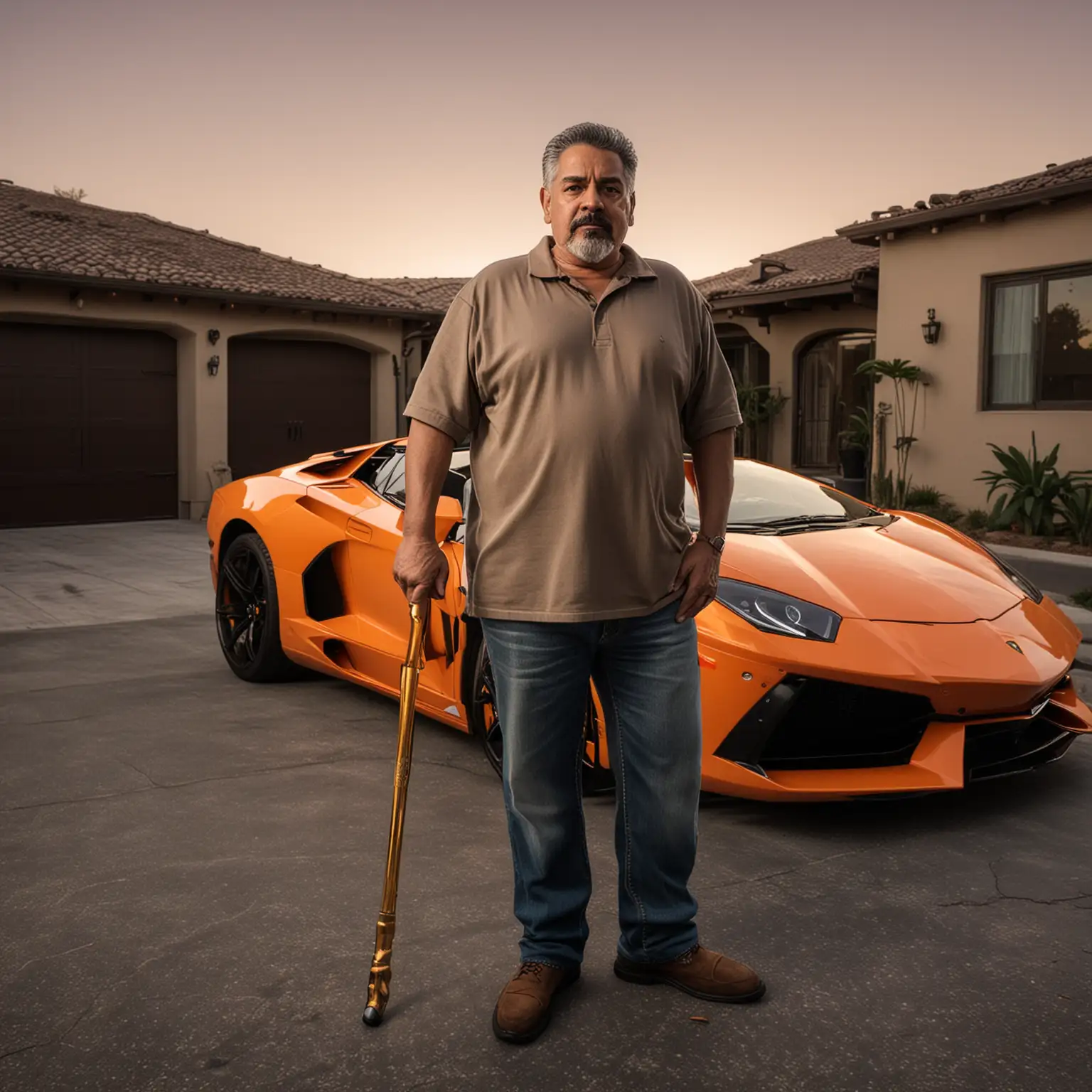 Confident Hispanic Man with Gold Cane by Orange Lamborghini
