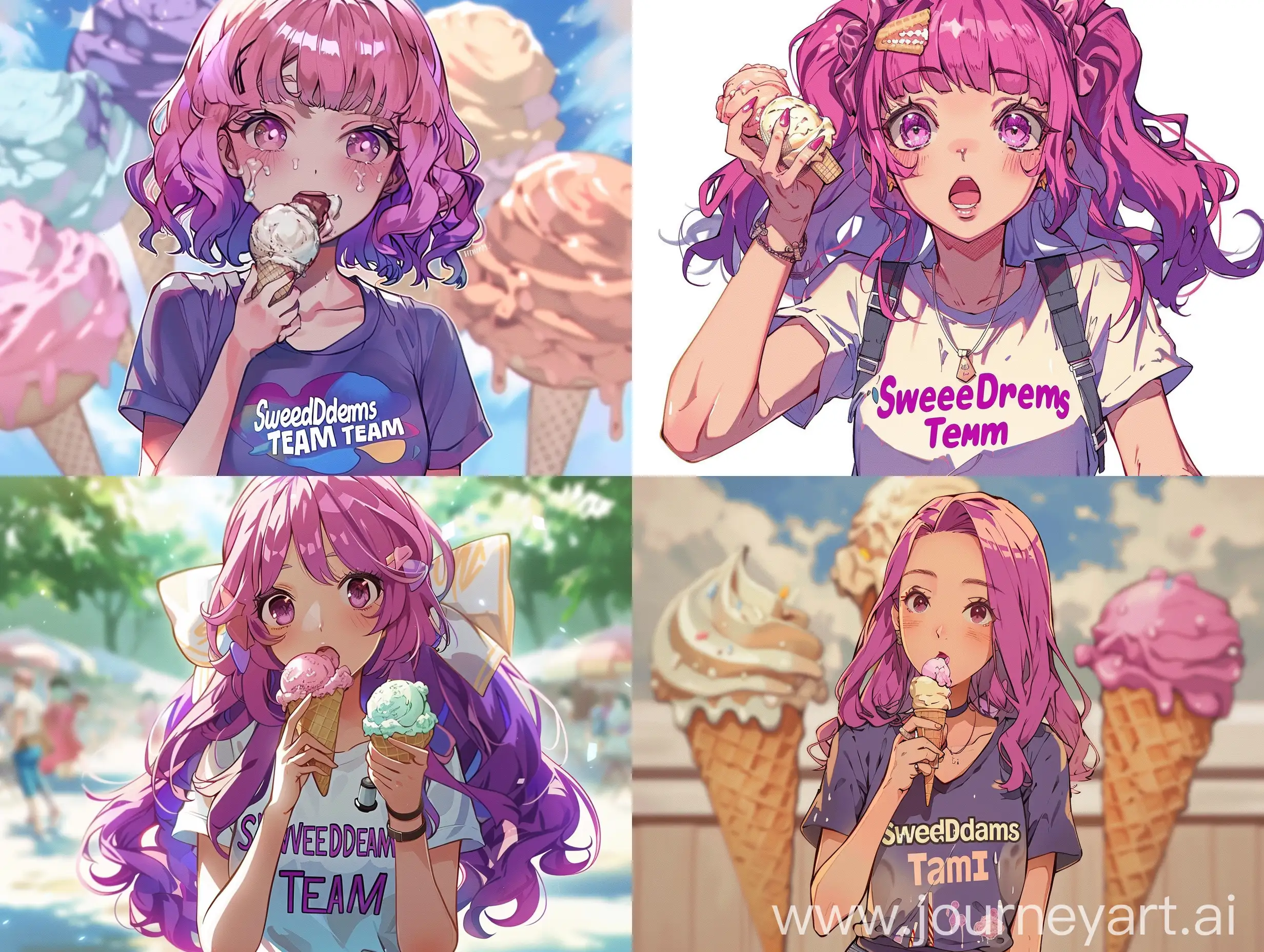 аниме девушка с фиолетово-розовыми волосами, модно одетая с футболкой с надписью "SweetDreams Team", которая есть мороженное