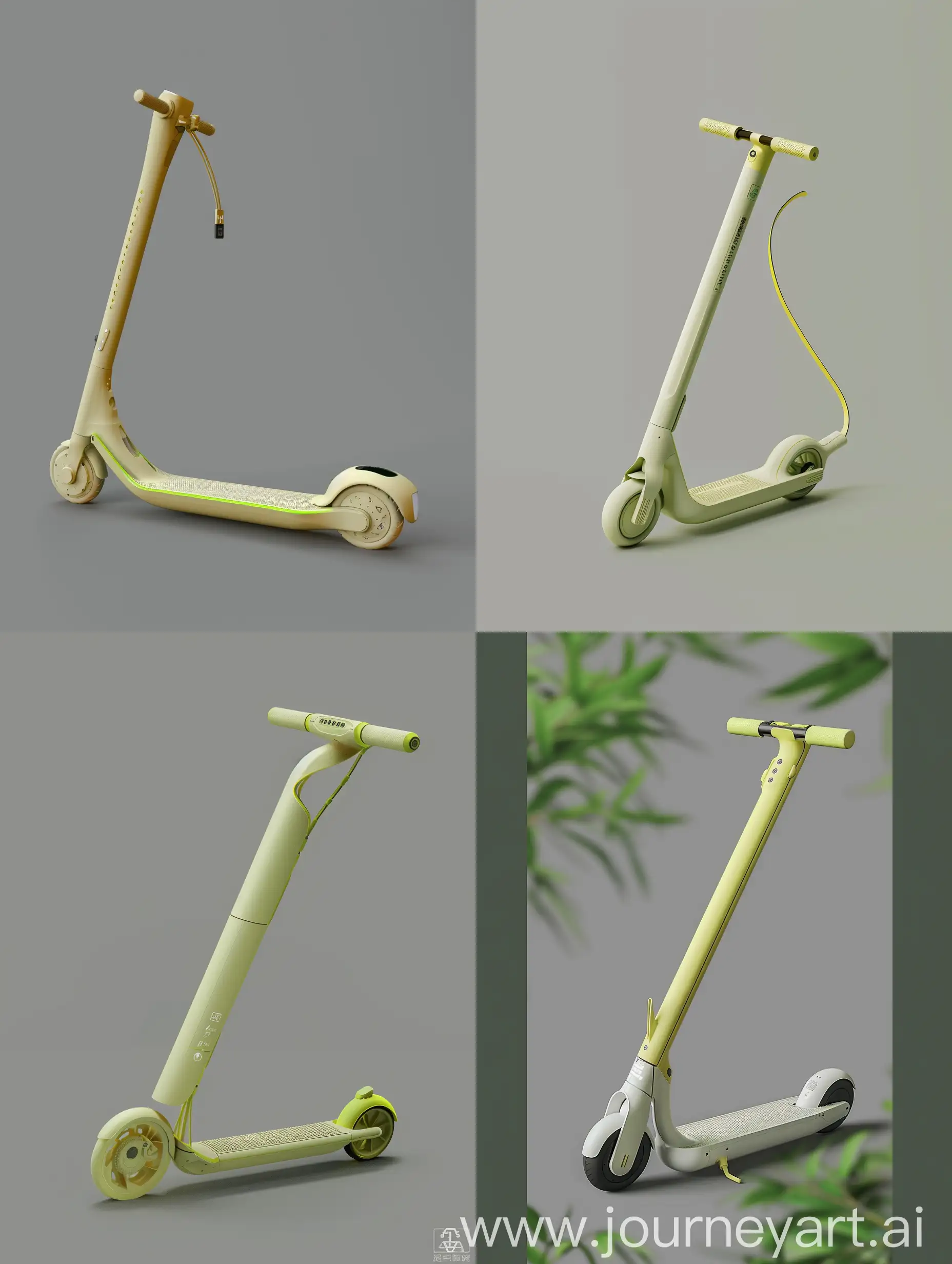 Design a elegance futuristic, foldable eco-friendly electric scooter for young people inspired by the characteristics and symbolism of bamboo. The scooter features sleek, smooth curves with a matte warm white finish and slight transparency, accented with green tones inspired by bamboo. The handle design is minimalistic and curved, inspired by bamboo leaves, with a subtle texture, made from durable composite materials. The footboard is a multi-segmented structure with a textured, non-slip surface, folding neatly into the main body.The scooter folds into a compact cylindrical shape with non-uniform cross-sections mimicking bamboo segments. The wheels are retractable, folding into the body via a spring-loaded and gear system inspired by the retraction mechanisms of turtle limbs, ensuring a smooth, unified form. The handles fold inward along precise hinge lines, inspired by the folding of insect wings and Mimosa pudica leaves, using spring-loaded or magnetic hinges.The scooter includes solar panels for sustainable charging and a kinetic energy recovery system. A small, integrated display on the handlebar shows the map, path, charge level, and weather conditions. The design emphasizes both form and function, suitable for urban commuting, highlighting eco-friendliness and innovation. Materials used are lightweight composites with a matte warm white and slightly transparent finish, accented with green tones. The handlebar features an integrated power button and a folding/unfolding button for ease of use, with the LED display centered for clear visibility. The overall design is clean, minimalistic, and inspired by the natural elegance and segmented structure of bamboo. The scooter also features customizable LED lights and mobile app integration for personalization and tracking of usage and environmental impact.