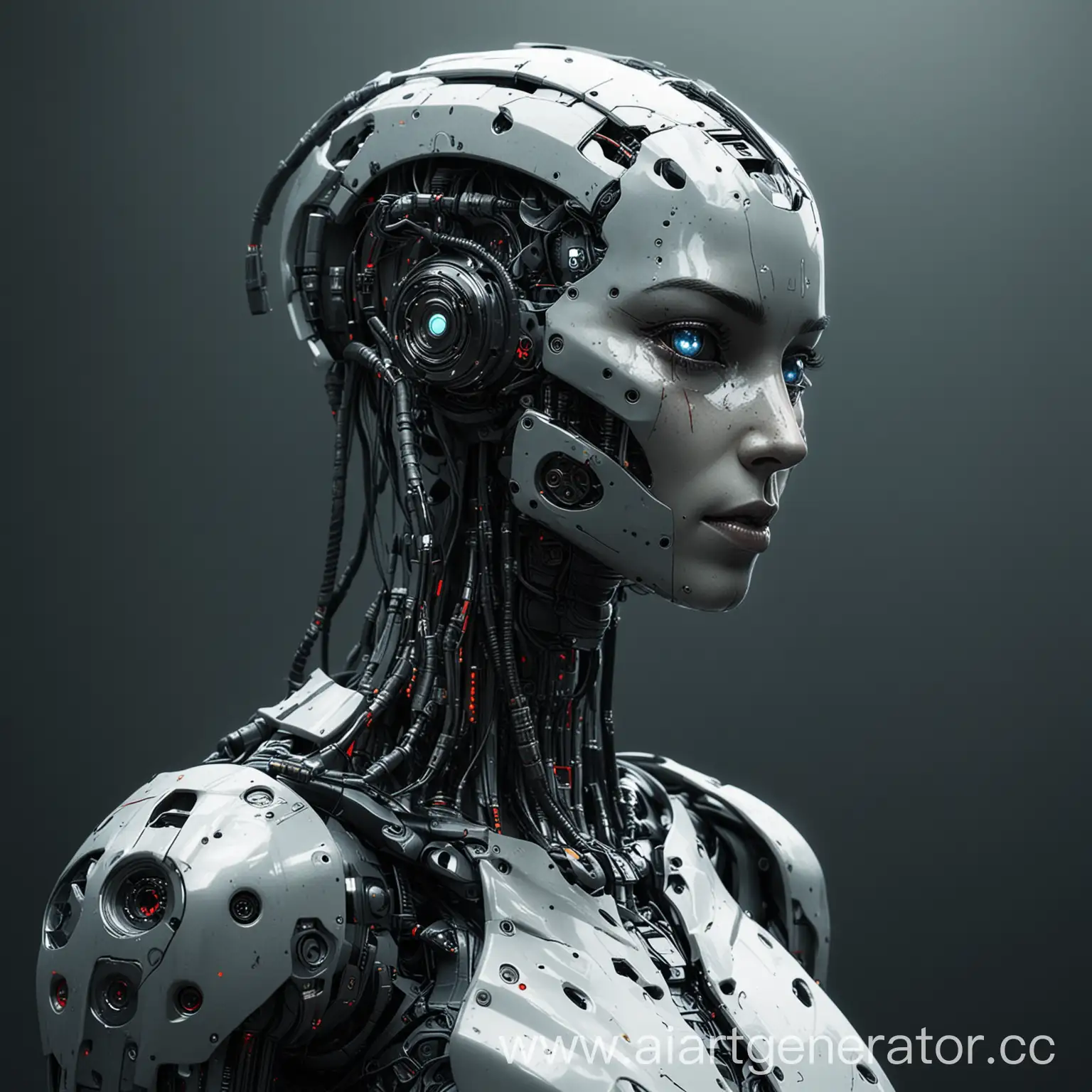 робот, похожий на человека, стилистика киберпанк.