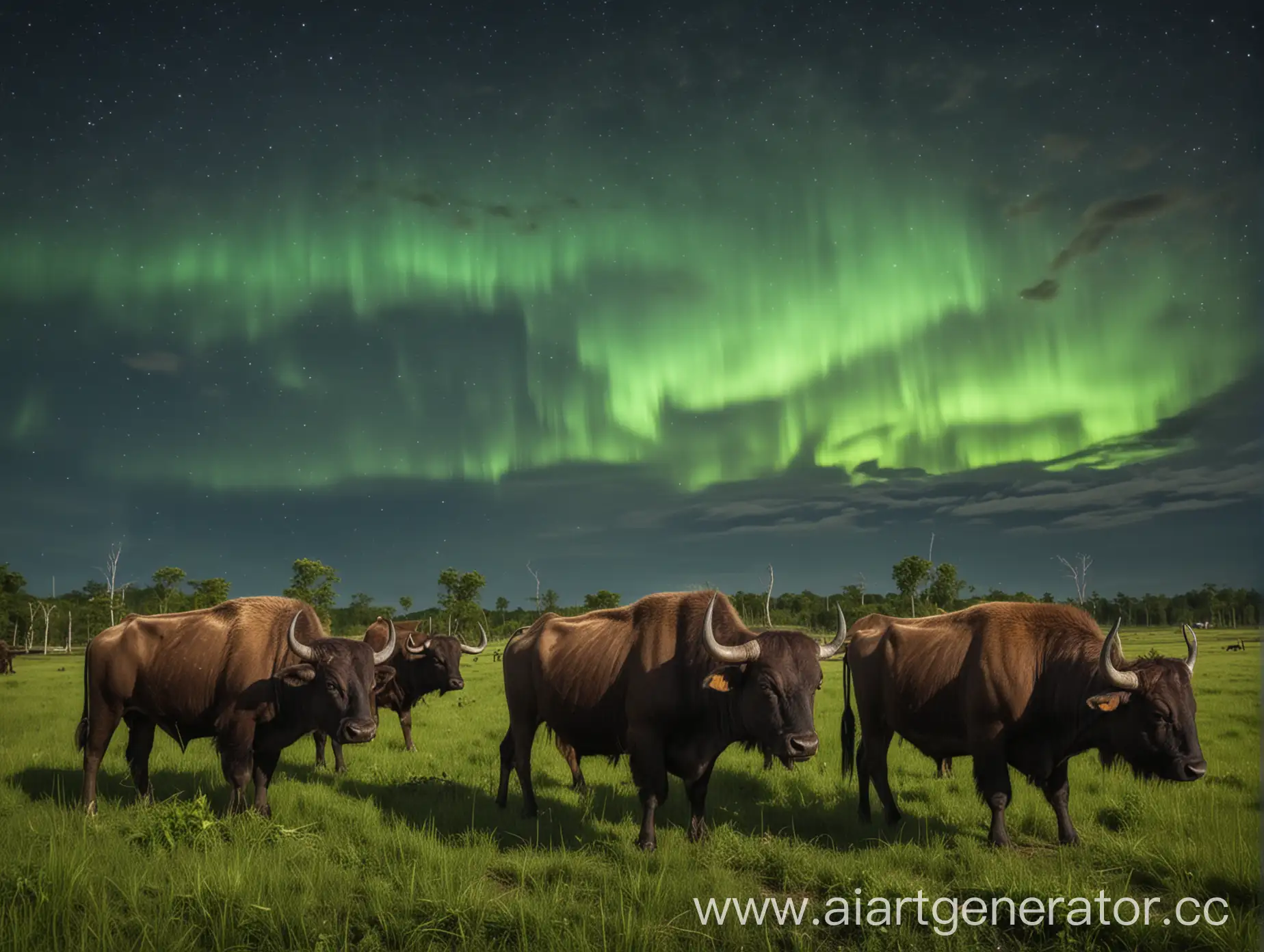 Buffaloes-Grazing-on-Tropical-Meadow-Under-Northern-Lights