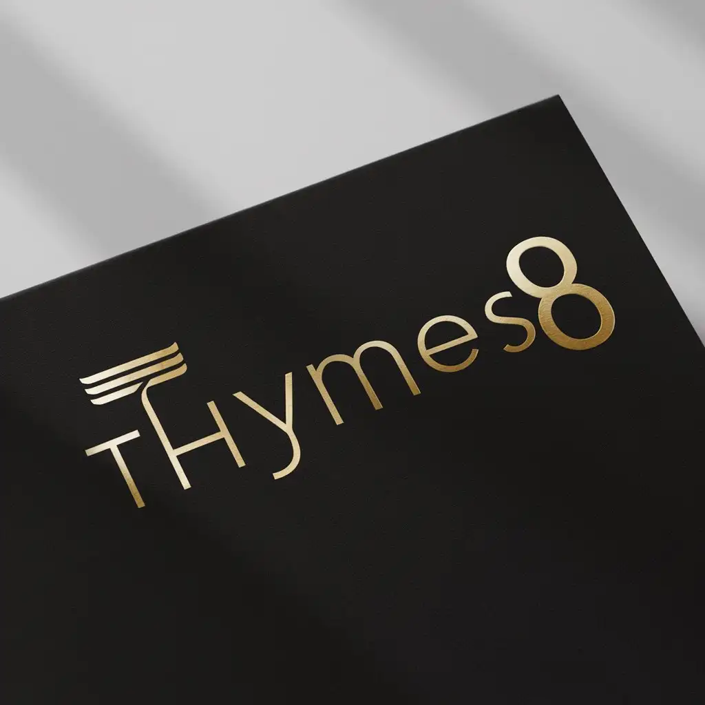 a logo design,with the text "THYMES8", main symbol:this logo should modern clean minimalist wordmark. preferred color is gold. must be a black  paper mockup,Moderate,clear background