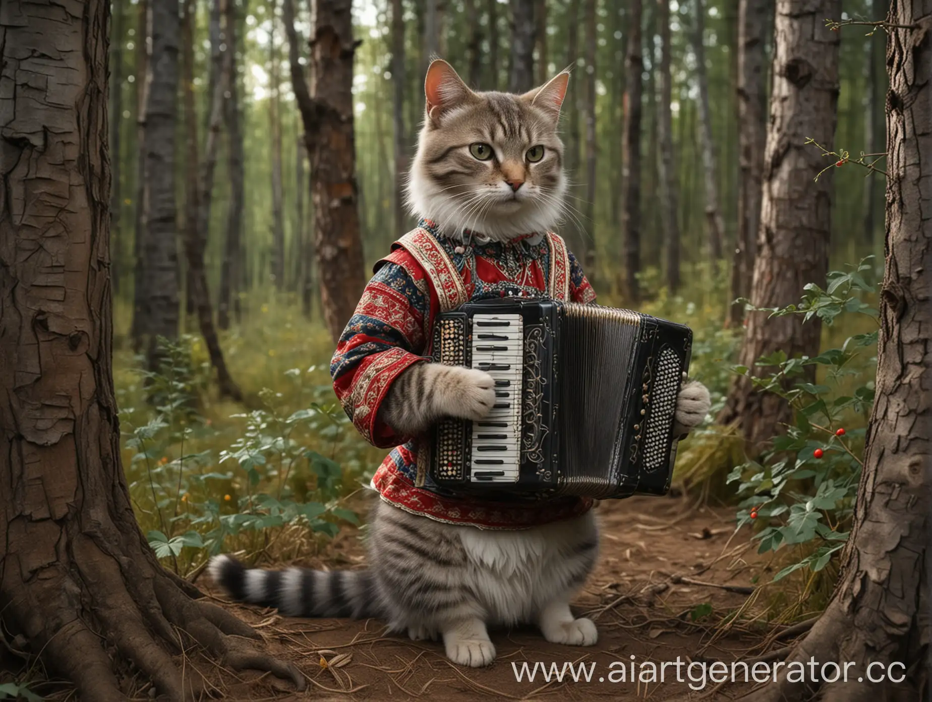 Дуб сказочный, под дубом кот в русской народной одежде играет на баяне, русская народная сказка, лес,