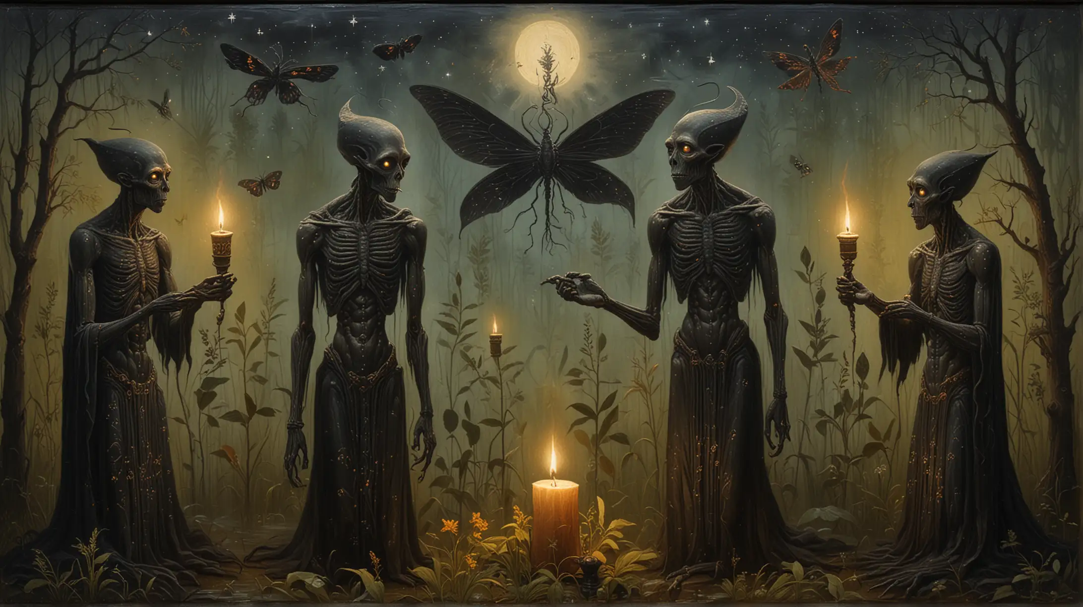 Slavonic Style Orthodoxy Icon Mystical Encounter of Black Skin Aliens and Night Moths