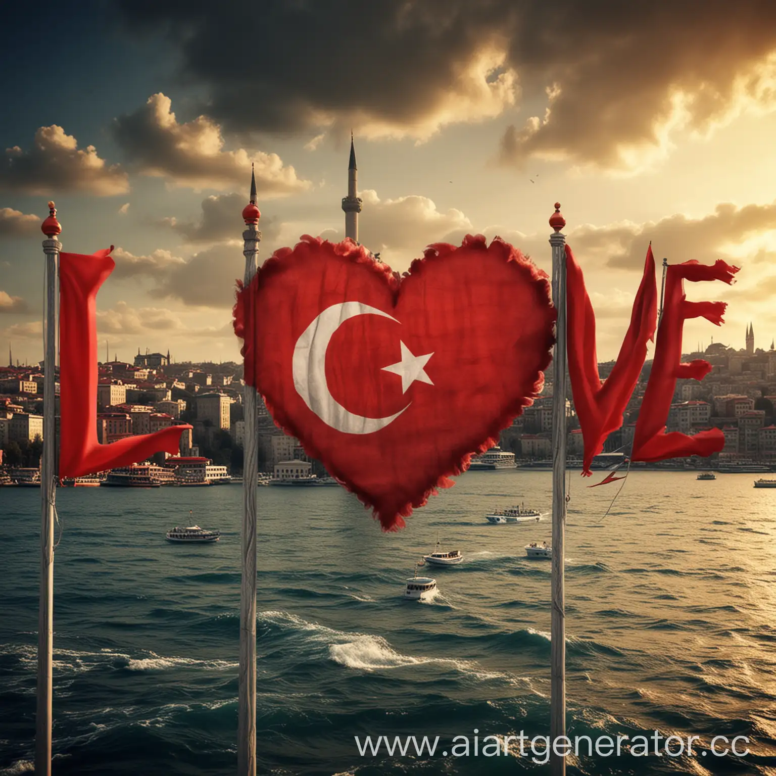 сгенирируй картинку на тему 
турецкий язык, любовь. пусть присутствует флаг, виды стамбула, ассоциации с турцией, 
