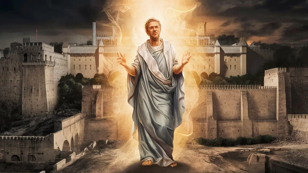 An artistic rendering of Prophet Jeremiah standing before the imposing walls of the palace in ancient Jerusalem, his figure illuminated by a divine glow amidst the darkness of the surrounding historical landscape.