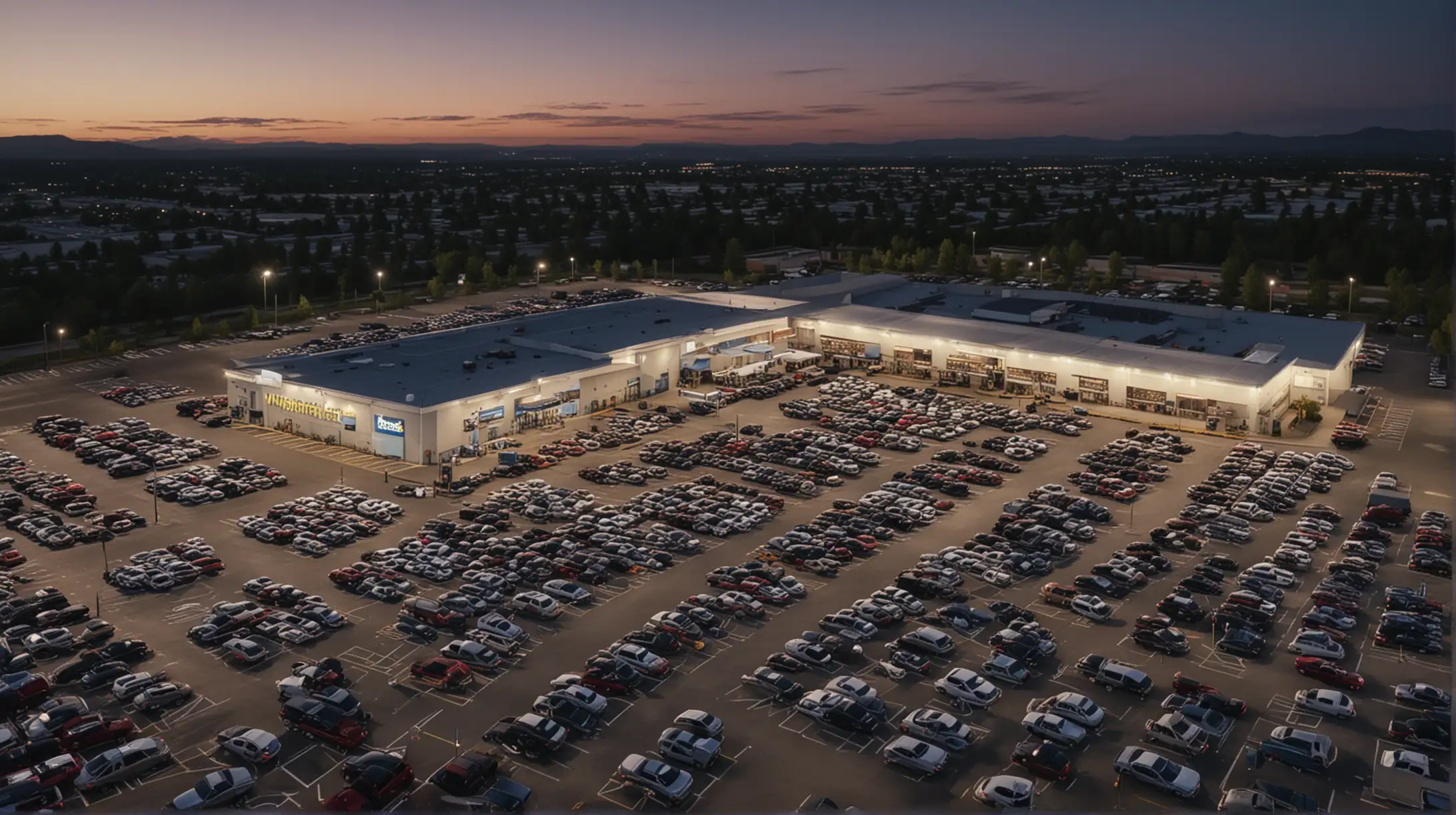 Aerial shot Walmart parking lot, drive-in cinema, full parking lot with cars, at dusk, photo realistic, cinematic lighting 