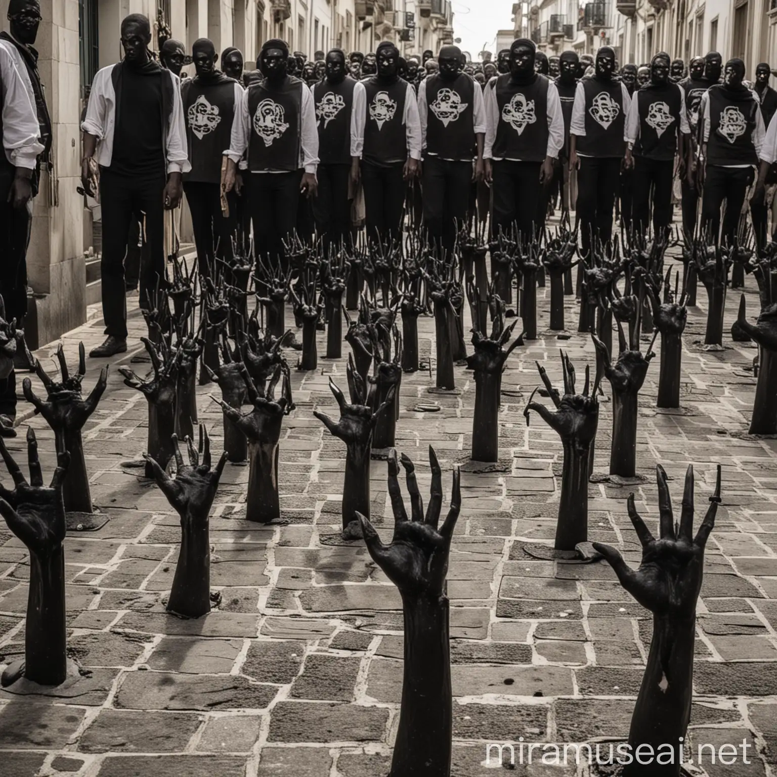 Scene of People with Long Noses and Freemasons in Portugal Streets Occupied by Black Zombies