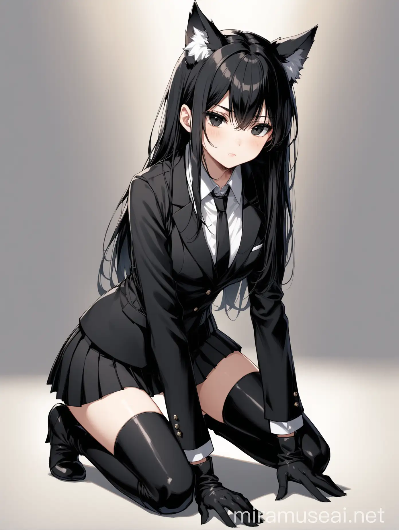 full body view, front view, tall girl, wolf girl, wolf ears, white ear tufts, black eyes, long hair, black hair, short black suit coat, short black pleated skirt, black gloves, long sleeves, black tall thigh boots, neutral expression, kneeling down on floor, legs together, head tilted up