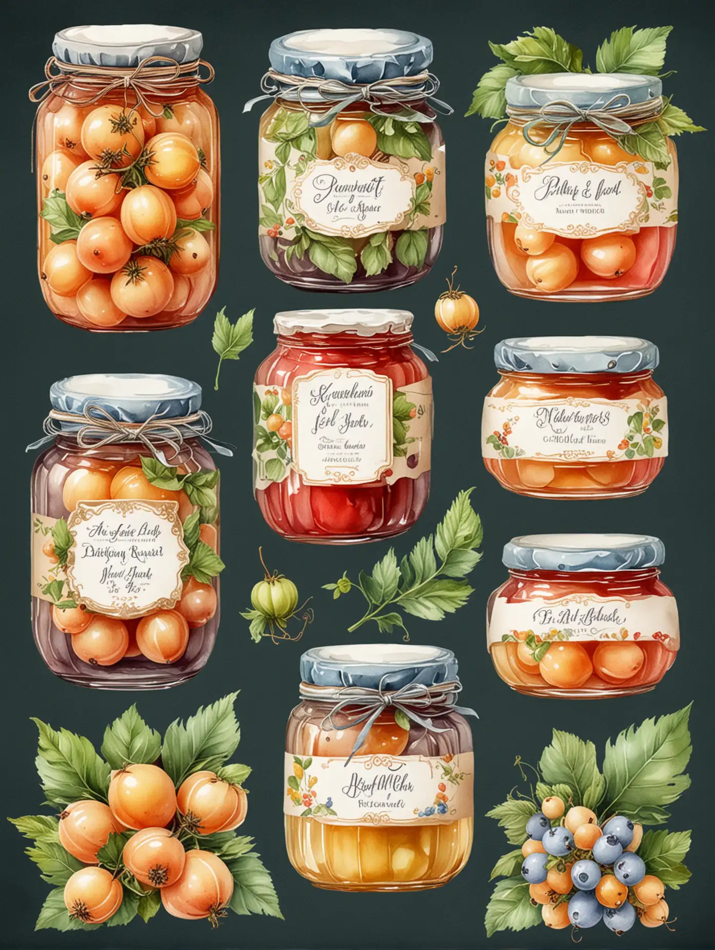 Clipart, label+gooseberries +jars of jam+fabulous style, watercolor, watercolor graphics, realistic +detailed drawing, reflected light, white, peach, pearl white, blue, red, yellow, May greens.