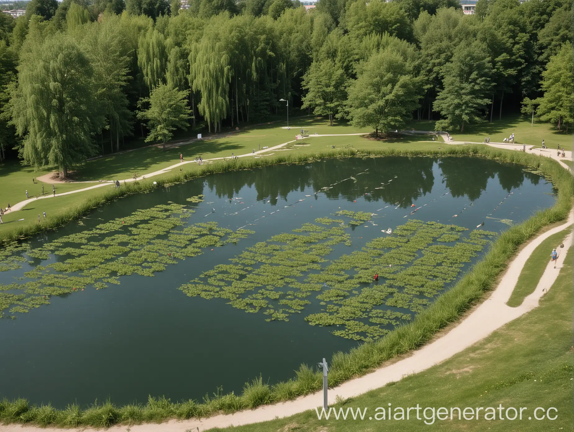 Serene-Pond-Amidst-Sports-Landscape-Jogging-Paths-and-Boat