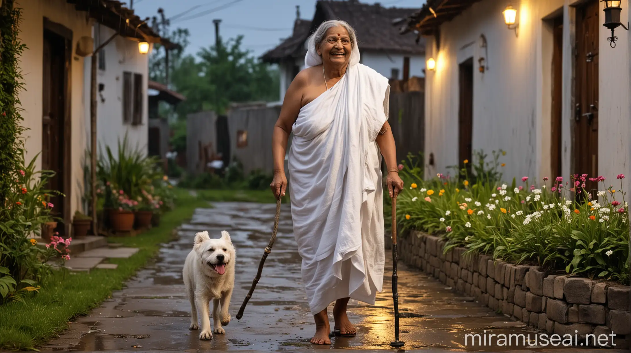 
sweet faced old desi indian very fat  age 70 woman walking with a  single stick wearing a white towel she is happy and laughing . she is bending and standing with her dog  . its night  time and in background there is a old village with bulb light and luxurious house   with flowers and grass and concrete floor and its raining.
