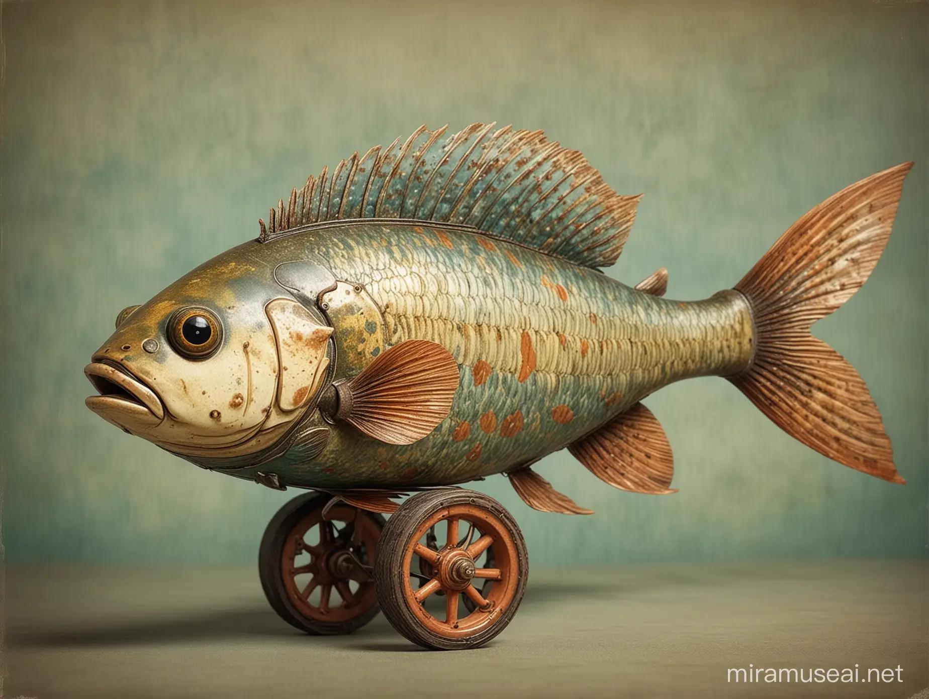 un poisson avec de jolies roulettes, style jouet ancien, l’image respire le charme d’une époque révolue, capturant l’imagination avec son mélange unique de détails minutieux et de réminiscences vintage