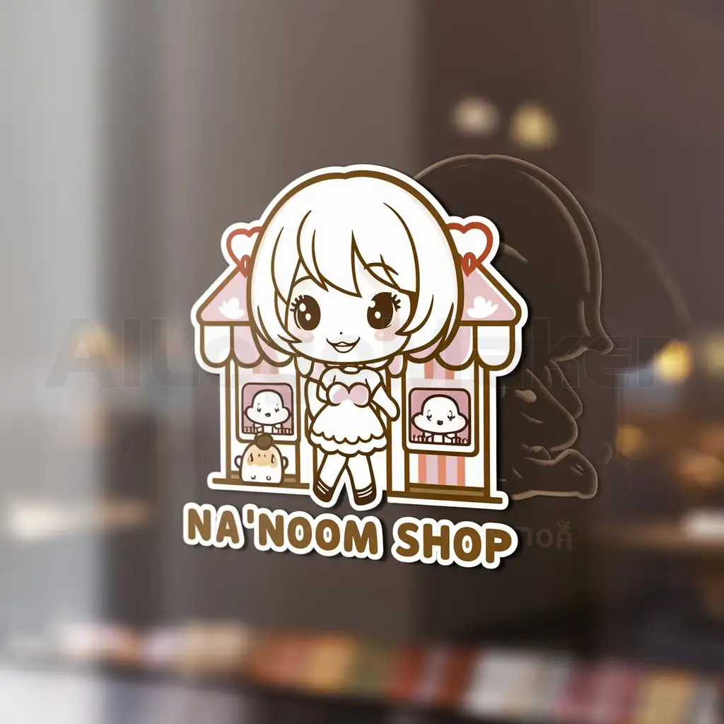 a logo design,with the text "Na’noom Shop", main symbol:Chibi Anime,woman with short hair,cute,pastel colors,shop,Moderate,clear background
