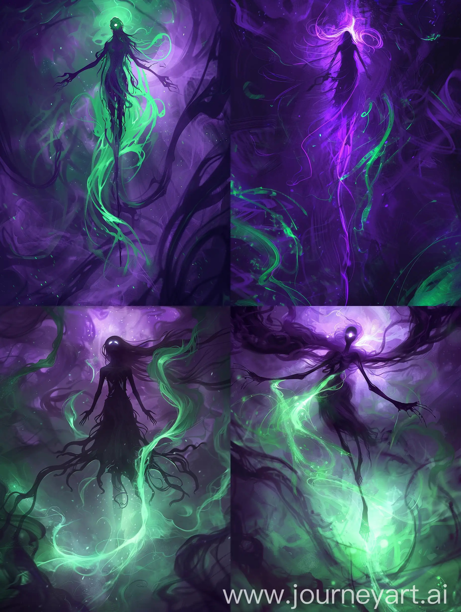 digital illustration, surreal and eerie art style, mystery, supernatural themes, floating female figure with elongated limbs and hollow eyes, surrounded by swirling shadows and otherworldly light, predominantly deep purple with hints of green luminescence, ethereal mist adding texture, warped reality and dream-like atmosphere, billowing hair merging with spectral forms, chilling and enigmatic mood, detailed and haunting features, striking contrast, intricate and ghostly patterns