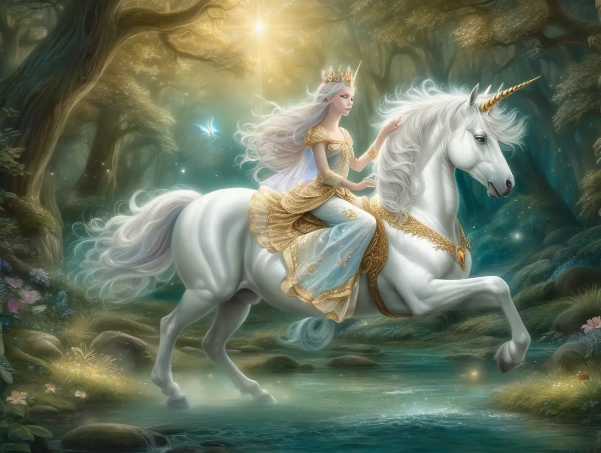 magical scene depicting a princess riding a unicorn. The setting is a lush, enchanted forest, bathed in soft, diffused light, which creates an otherworldly atmosphere. The princess is characterized by her flowing, voluminous white hair and a regal crown, wearing a golden, ornate outfit that complements her ethereal beauty. Her expression is serene, adding to the overall mystique of the scene. The unicorn, equally majestic, is portrayed with a shimmering white coat and an elegant, spiraled horn, symbolizing purity and grace. The composition of the image, with the unicorn in motion, suggests a narrative of adventure and fantasy, fitting for a fairy tale. The use of light and color enhances the magical quality of the image, making it visually captivating and rich in detail.
Size: 36-24-36 and 5'4"
