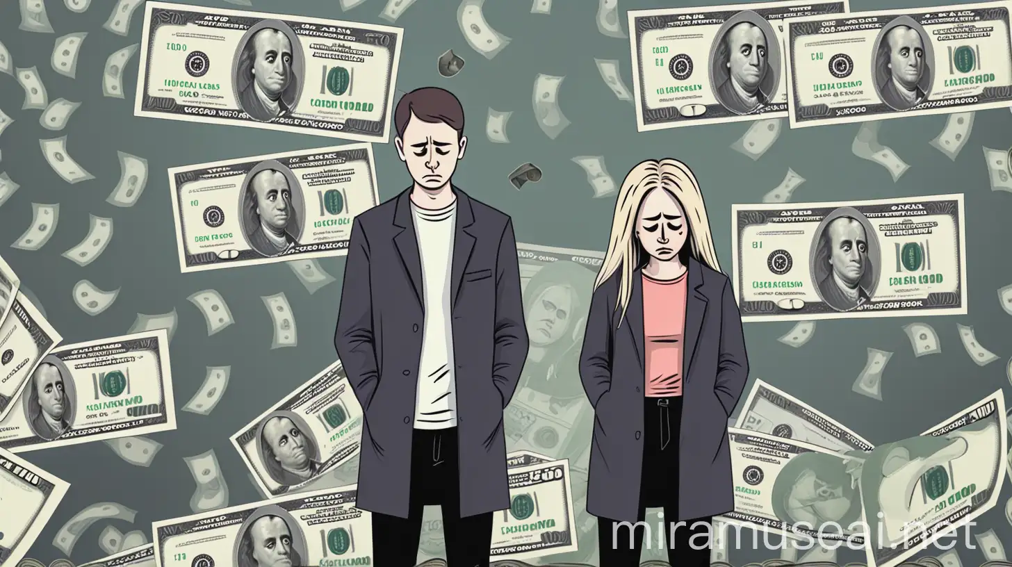 Sad People Standing with Dollars in a Bank Background