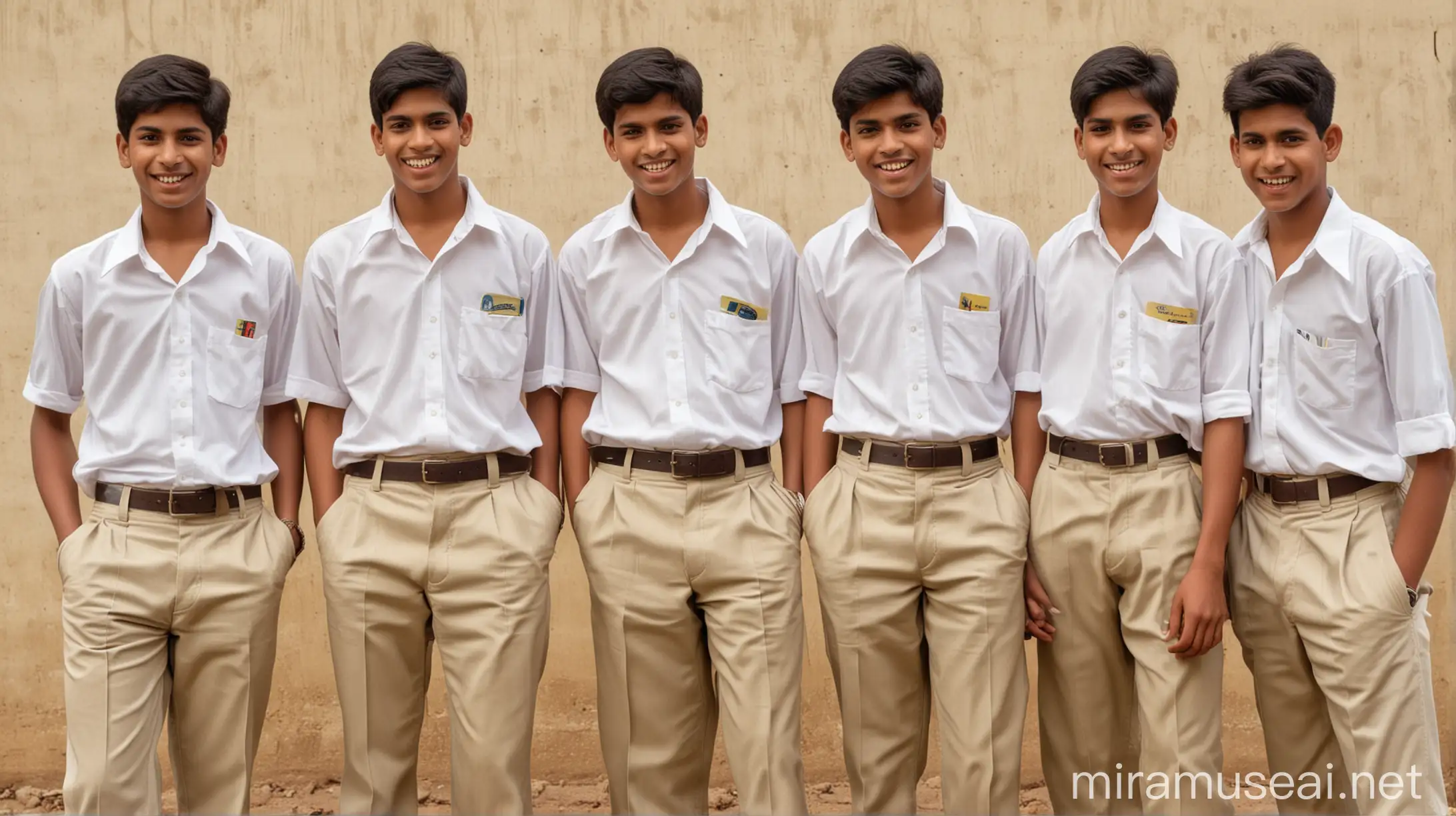 Indian school teenage boys from the 90s wearing khaki pants and white shirts for uniform enjoying a barf gola