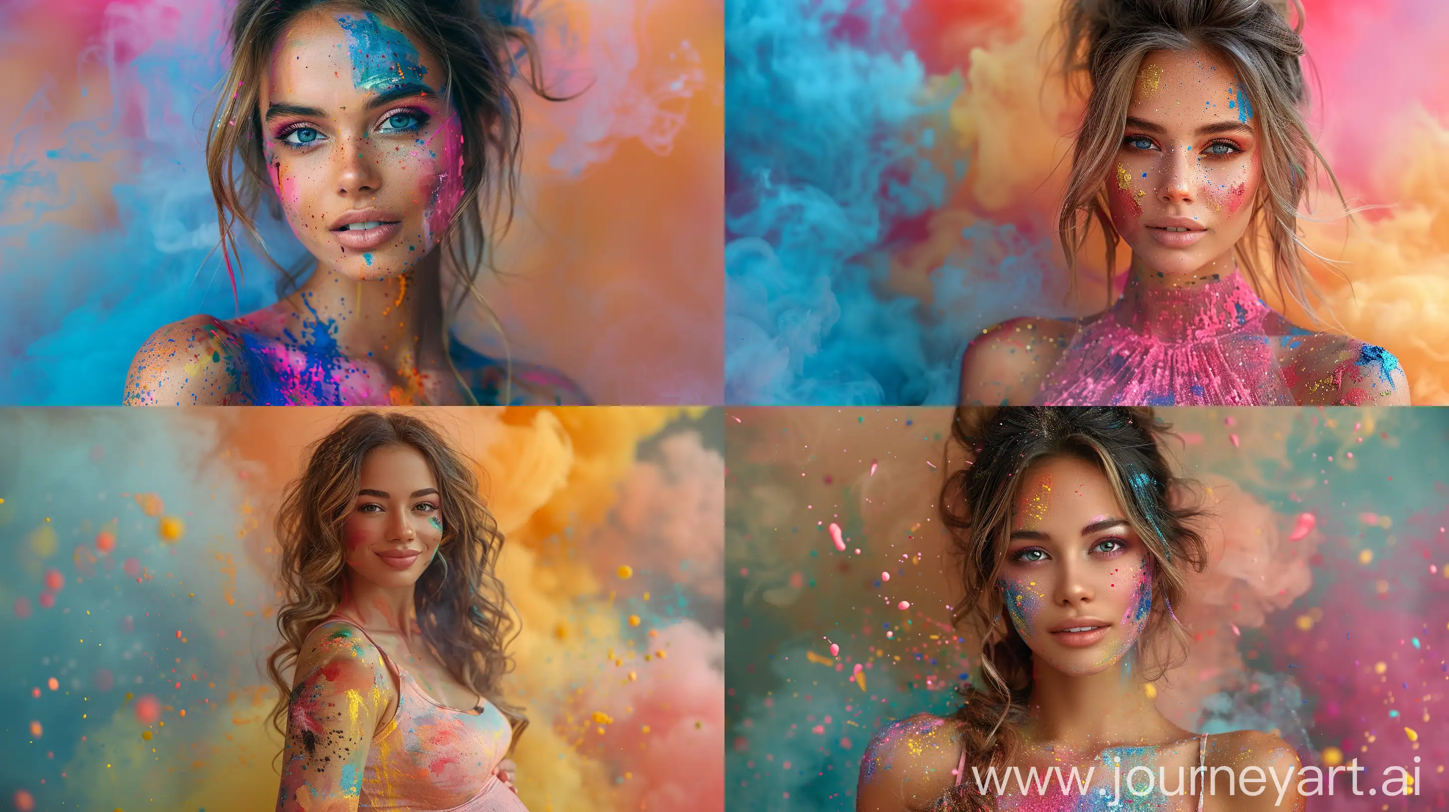 Vibrant-Young-Woman-Covered-in-Colorful-Paint-with-Splatters-Colorful-Smoke-Background