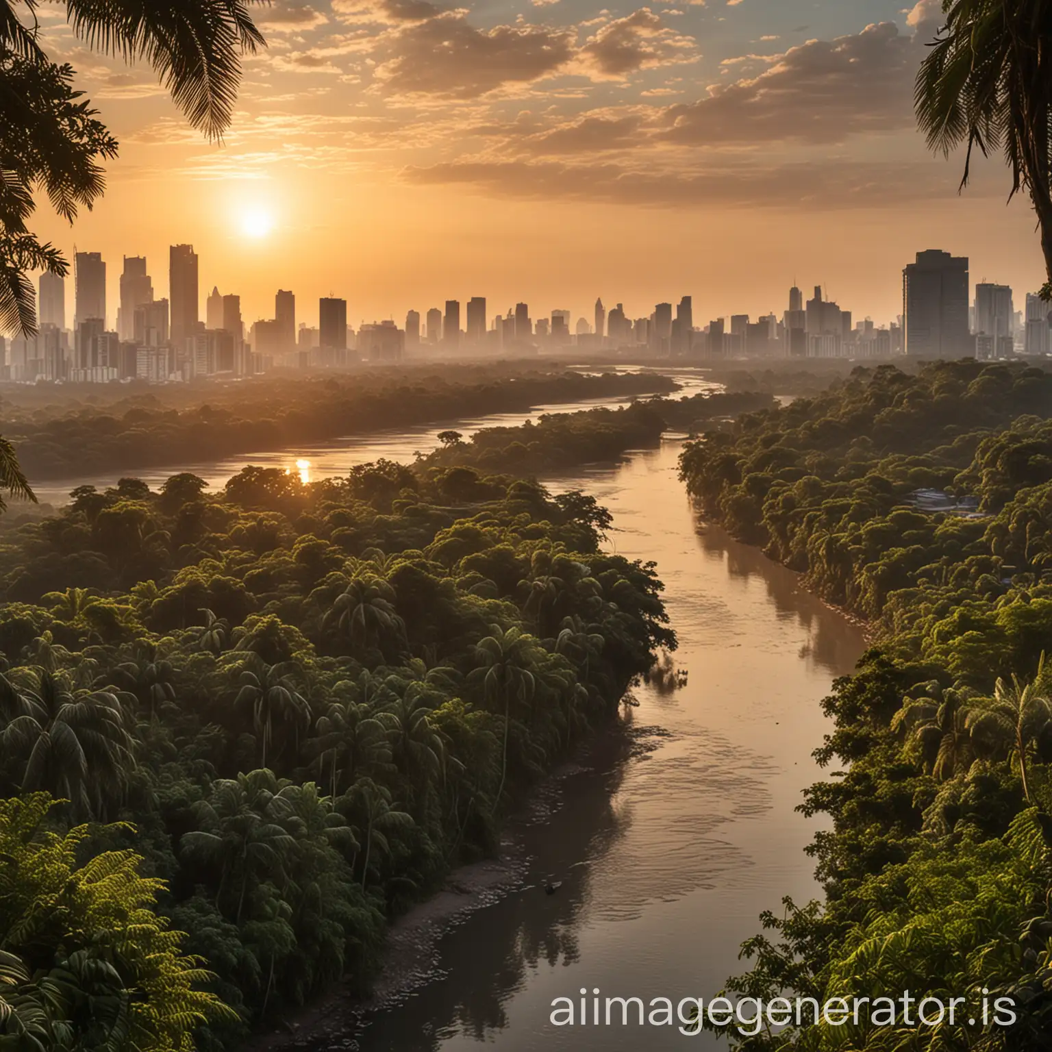 A city skyline from a jungle with a river. The sun is setting