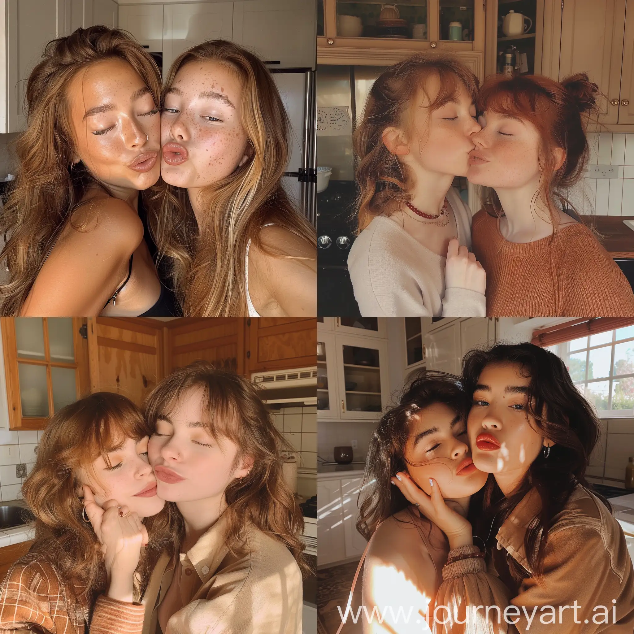 Aesthetic instagram selfie of two 16 year old girl kissing cheek with her friend, in the kitchen, warm brown tones