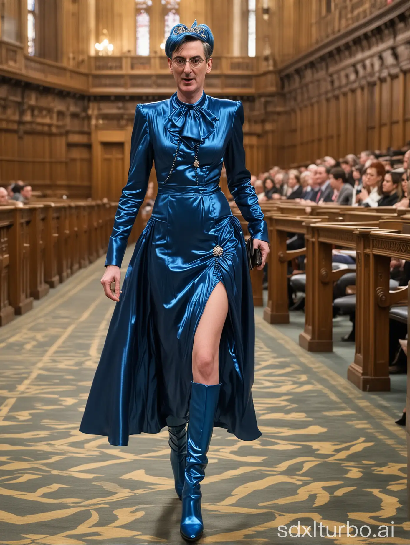 (((Political drag race))), photograph of british politician Jacob Rees-Mogg in a long elegant shiny silky blue drag queen dress and high heel boots walking in parliament