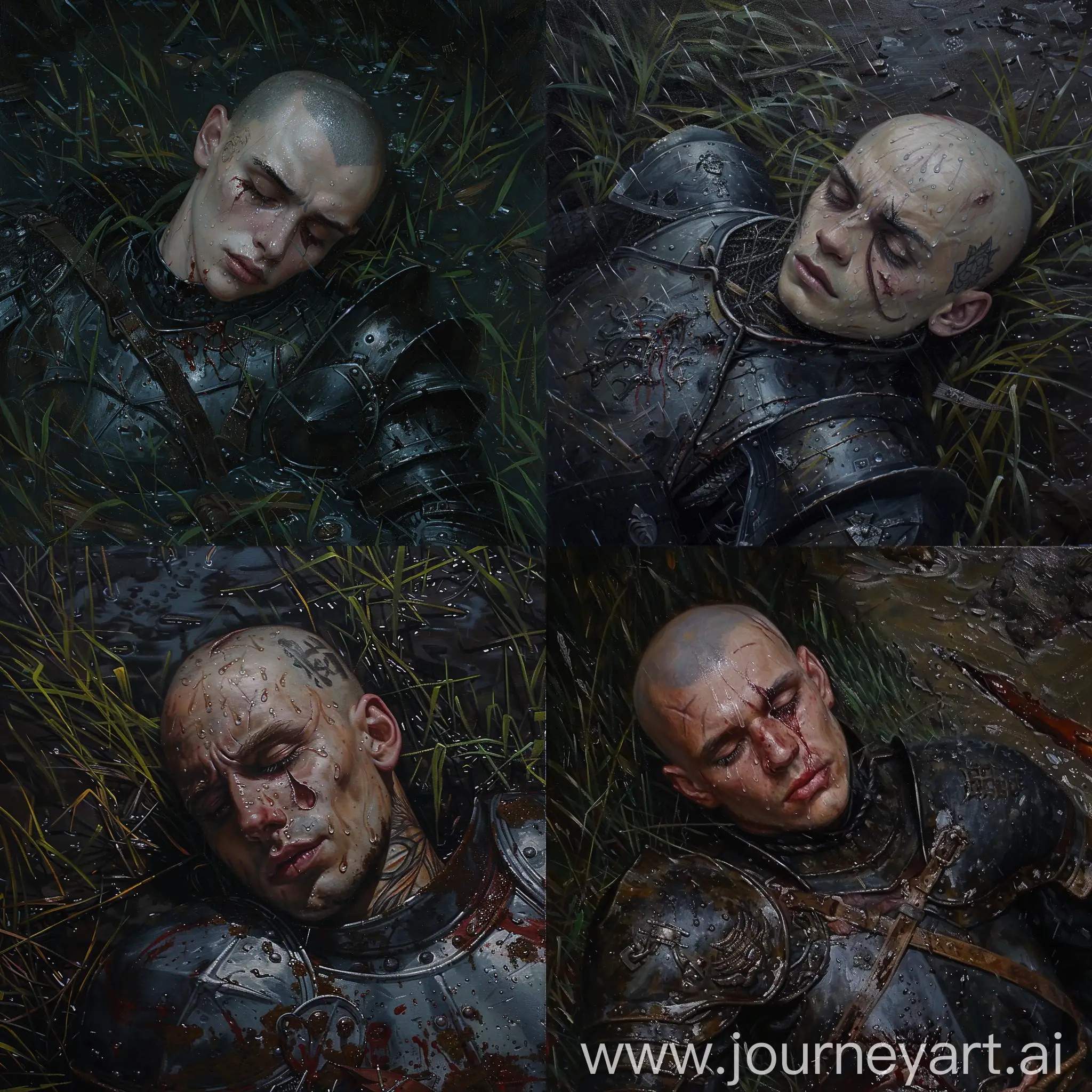 Russian man, 20 years old, bald, tattoo of a tear under the eye, in armor, in the rain, lying dead on the wet ground, in the grass, view from top, Leonardo da Vinci style, oil painting, high quality, detailed, darkness.
