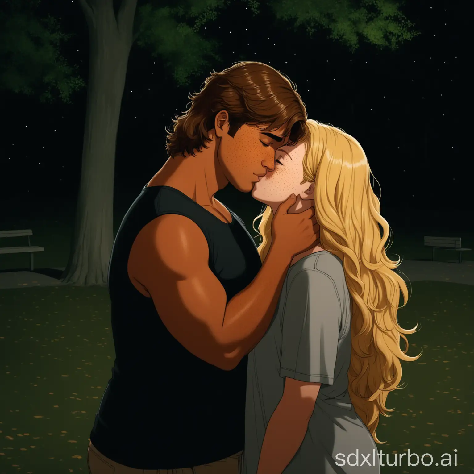 a handsome tanned chubby and young man, brown mullet hair kissing a blonde girl with frizzy long hair and bangs, freckles, in a dark park, full view