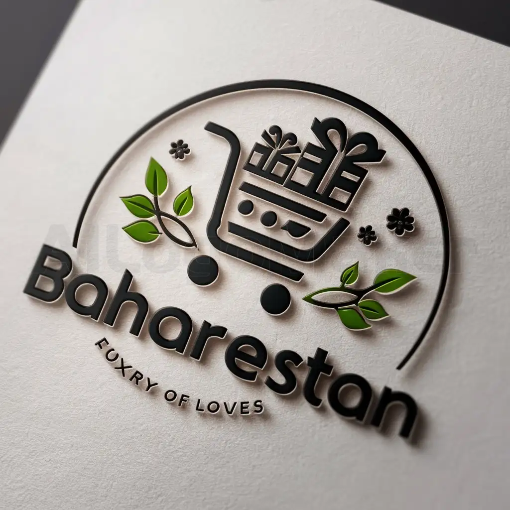 a logo design,with the text "Baharestan", main symbol:we need logo , creative , ai , high quality , best logo , shoping , with shop basket , Cart , with Gift items logo,logo of spring leaves and flowers, black and white, circle logo,Moderate,clear background