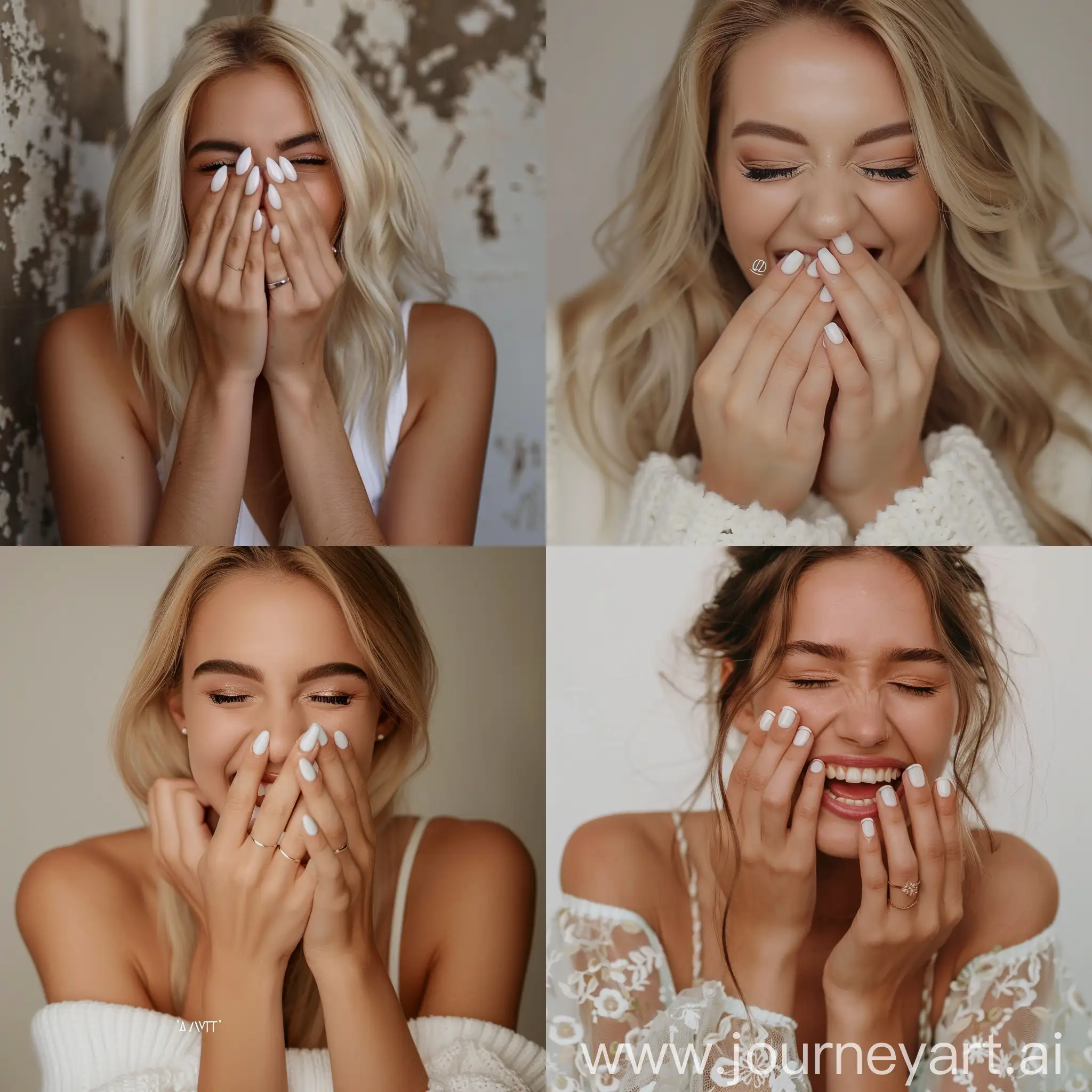 Before and after instagram fashion blogger, woman laughing, covering her mouth her hands, white gel nail polish -- v6 --